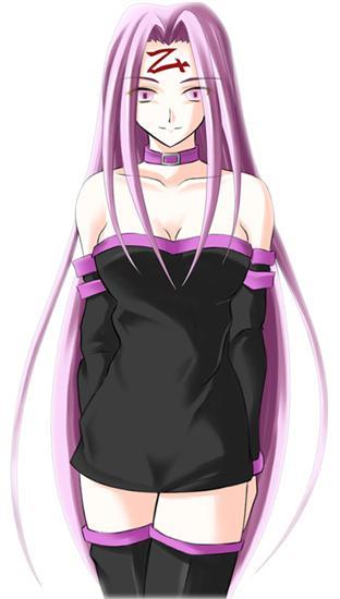 medusa (fate), medusa (rider) (fate), fate/stay night, fate (series), non-web source, 00s, 1girl, bare shoulders, breasts, cleavage, collar, detached sleeves, female focus, large breasts, long hair, pink eyes, purple hair, simple background, solo, square pupils, thighhighs, very long hair, zettai ryouiki