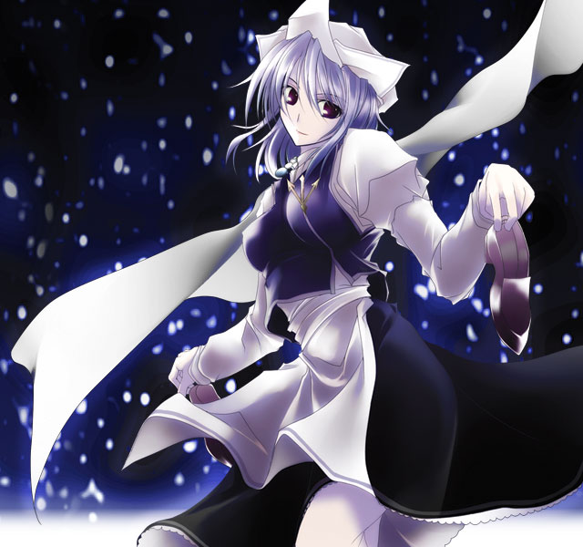 gisyo, letty whiterock, touhou, light purple hair, 1girl, breasts, female focus, hat, holding, holding shoes, holding unworn clothes, purple eyes, purple hair, shoes, short hair, snow, solo, unworn shoes