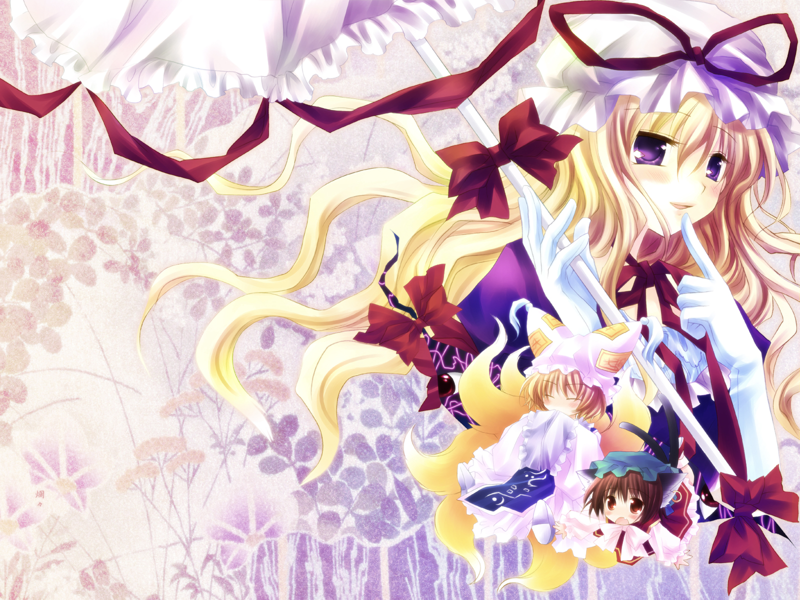 sakurazawa izumi, chen, yakumo ran, yakumo yukari, touhou, highres, 3girls, animal ears, animal hat, blonde hair, brown eyes, brown hair, cat ears, cat girl, cat tail, closed eyes, earrings, fang, female focus, fox tail, gap (touhou), gloves, hands in opposite sleeves, hat, jewelry, long hair, long sleeves, mob cap, multiple girls, multiple tails, purple eyes, short hair, tail, tassel, white gloves, wide sleeves