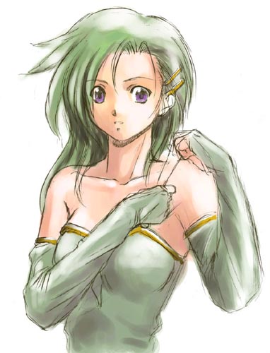 rydia (adult) (ff4), rydia (ff4), final fantasy, final fantasy iv, lowres, 1990s (style), 1girl, breasts, bridal gauntlets, elbow gloves, female focus, gloves, green eyes, green hair, leotard, matching hair/eyes, purple eyes, retro artstyle, simple background, solo