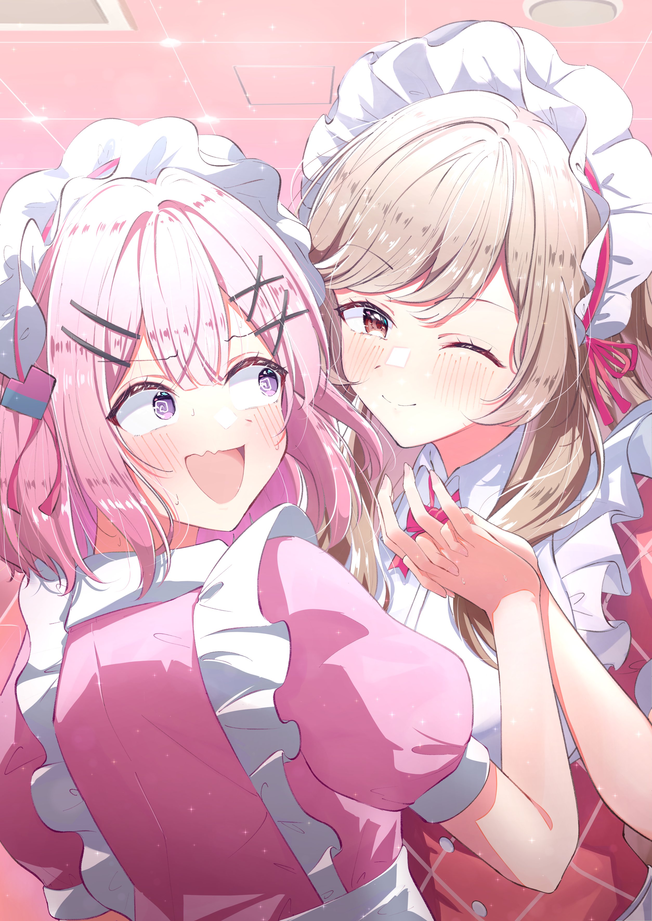 rio beginner, amaori renako, sena ajisai, watashi ga koibito ni nareru wake naijan murimuri!, absurdres, highres, 2girls, ;), @ @, apron, blonde hair, blush, bow, bowtie, brown eyes, brown hair, dress, hair ornament, hairclip, holding hands, interlocked fingers, long hair, looking at another, looking at viewer, maid, maid apron, maid headdress, multiple girls, one eye closed, parallel hairclips, pink dress, pink hair, pink theme, purple eyes, shirt, short hair, smile, x hair ornament, yuri