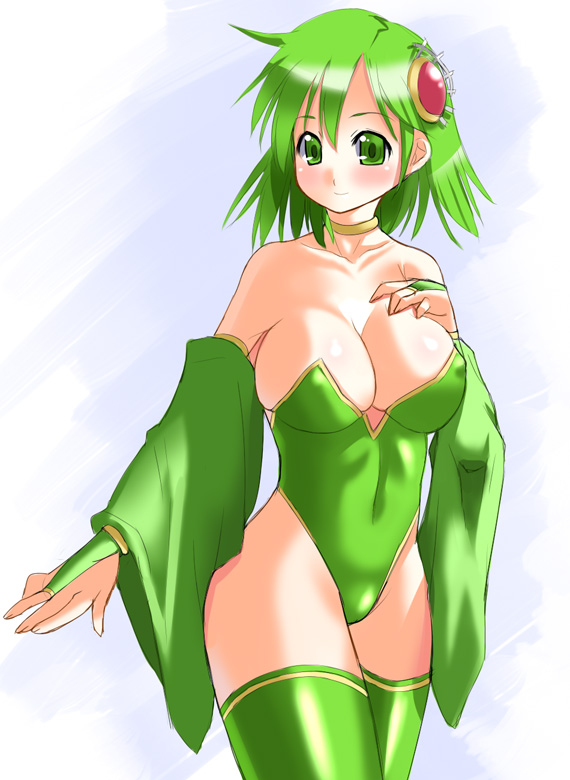 nagase haruhito, rydia (adult) (ff4), rydia (ff4), final fantasy, final fantasy iv, 1990s (style), 1girl, blush, breasts, bridal gauntlets, cleavage, covered erect nipples, elbow gloves, female focus, gloves, gradient background, green eyes, green hair, hair ornament, huge breasts, large breasts, leotard, matching hair/eyes, retro artstyle, solo, thighhighs