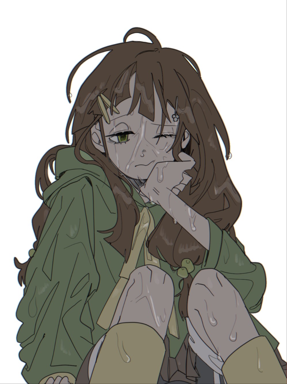 zombie high school, highres, 1girl, brown hair, brown skirt, closed mouth, green eyes, green hoodie, hair ornament, hairclip, hood, hood down, hoodie, kimjhonsha22, long hair, long sleeves, looking at viewer, one eye closed, shorts, simple background, sitting, skirt, solo, wet, wet clothes, wet hair, white background, yu ru-mi