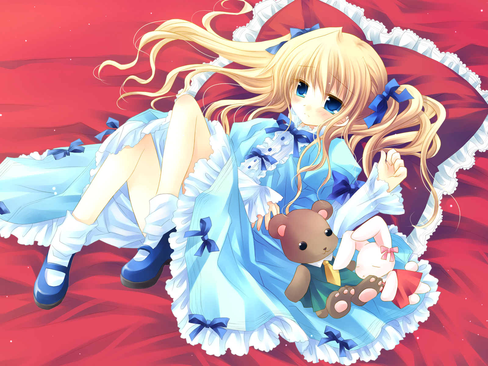 sakurazawa izumi, highres, 1girl, blonde hair, blue eyes, bow, dress, female focus, frilled pillow, frills, frown, hair bow, hair ribbon, mary janes, pillow, ribbon, shoes, solo, stuffed animal, stuffed toy, teddy bear, twintails