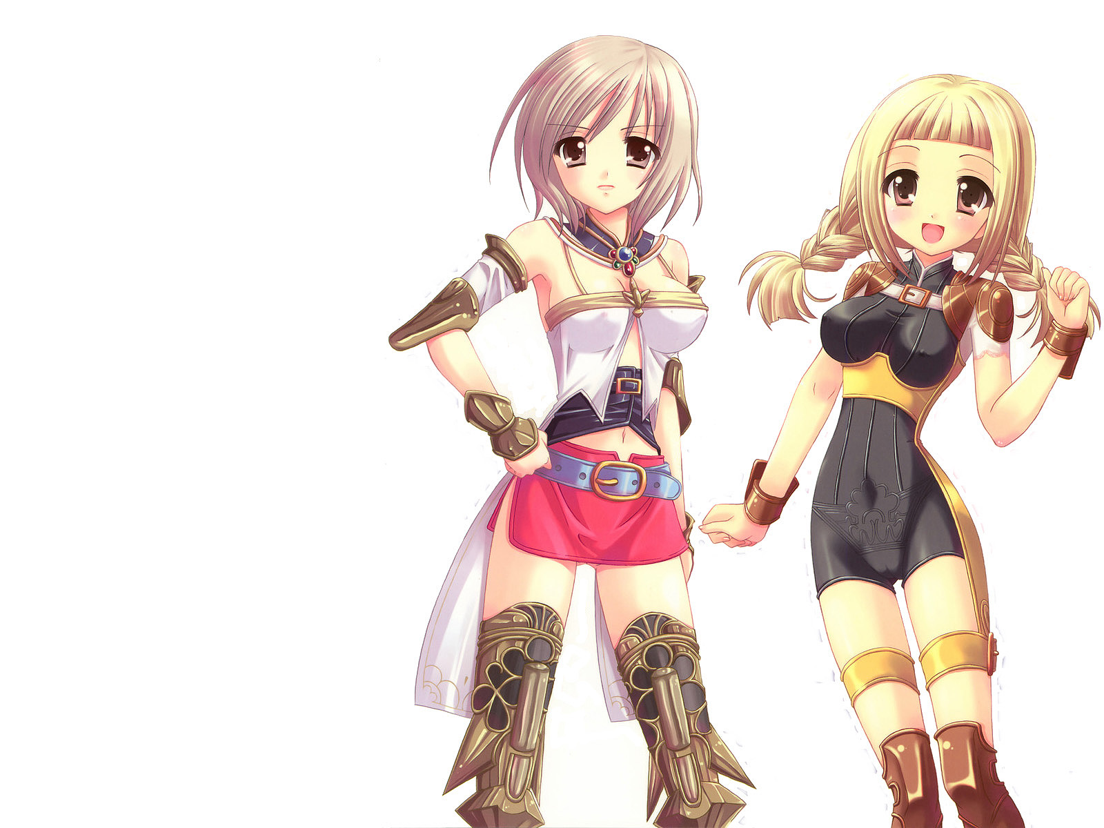 ashelia b'nargin dalmasca, penelo, final fantasy, final fantasy xii, brown footwear, highres, 00s, 2girls, :d, black bodysuit, blonde hair, blush, bodysuit, boots, braid, brown eyes, brown hair, contrapposto, hand on own hip, looking at viewer, multiple girls, open mouth, short hair, simple background, skin tight, smile, standing, thighhighs, twin braids, white background