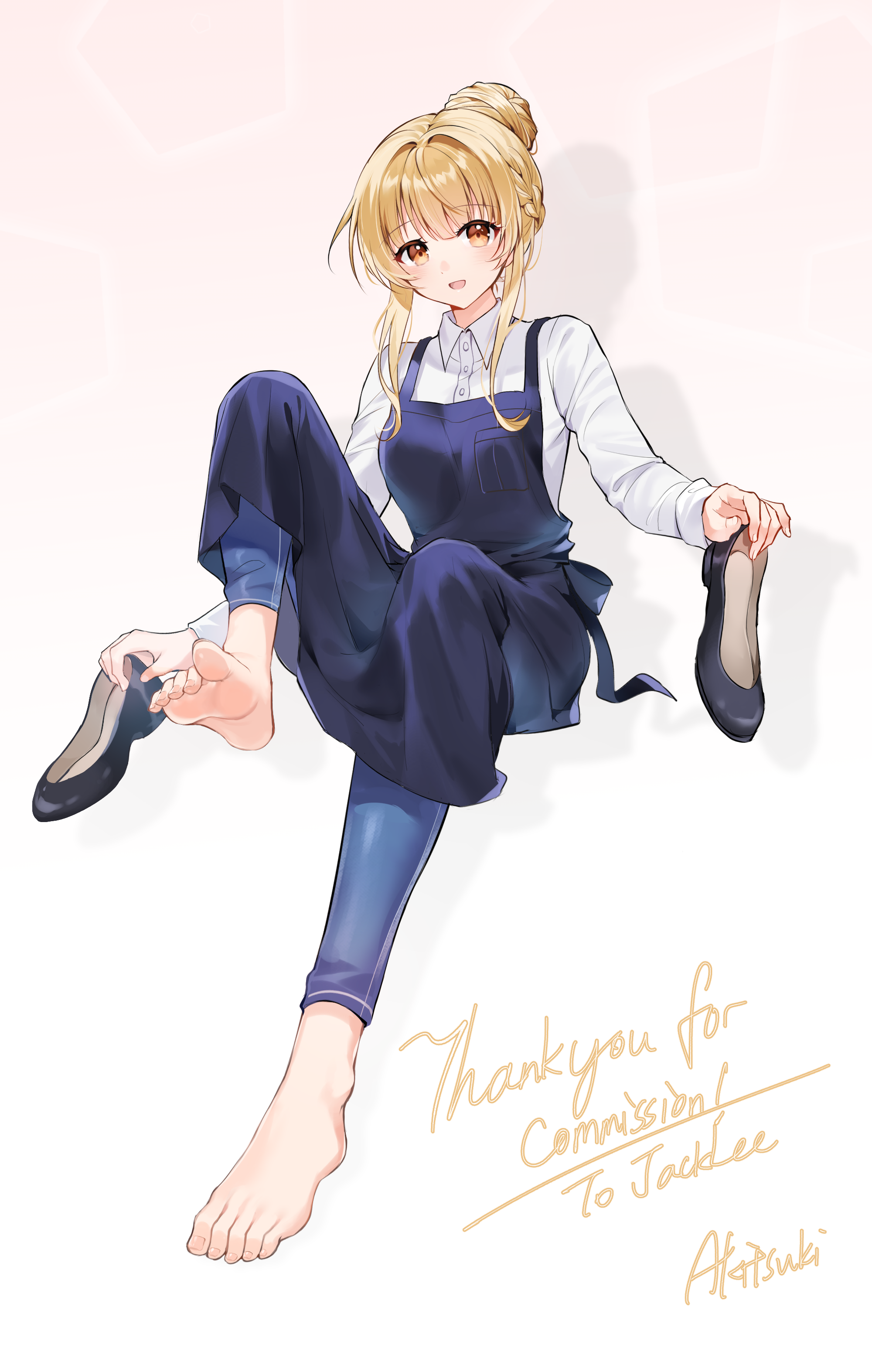 akitsuki (oenothera), shiina mahiru (otonari no tenshi-sama), otonari no tenshi-sama ni itsu no mani ka dame ningen ni sarete ita ken, absurdres, highres, 1girl, apron, barefoot, blonde hair, blush, feet, hair bun, long hair, looking at viewer, open mouth, shoes, soles, toes, unworn shoes, yellow eyes