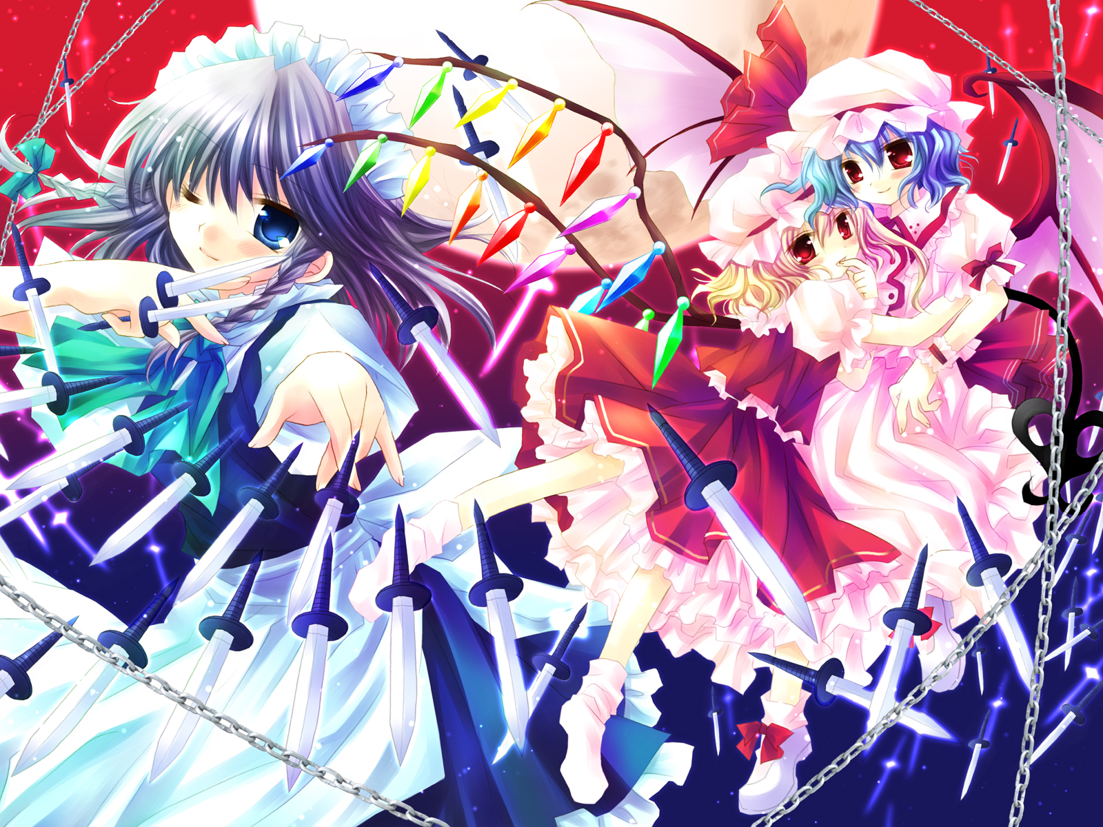 sakurazawa izumi, flandre scarlet, izayoi sakuya, remilia scarlet, touhou, highres, 3girls, apron, blonde hair, blue eyes, blue hair, bow, braid, chain, dress, female focus, hat, knife, laevatein, maid, maid apron, maid headdress, mob cap, moon, multiple girls, red eyes, ribbon, side ponytail, skirt, socks, throwing knife, weapon, wings, wrist cuffs