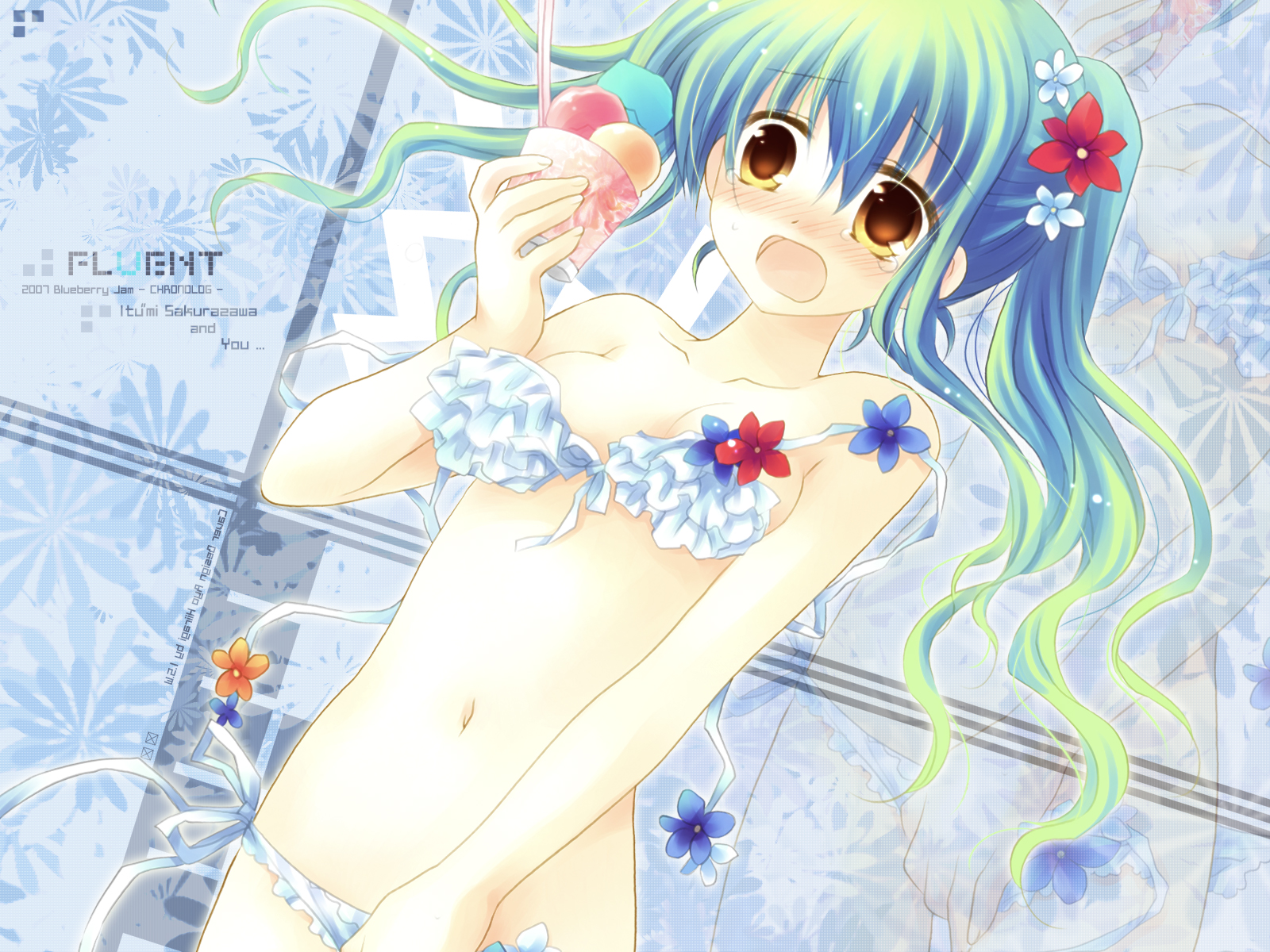 sakurazawa izumi, highres, 1girl, blush, breasts, female focus, flower, frills, long hair, small breasts, solo, wardrobe malfunction