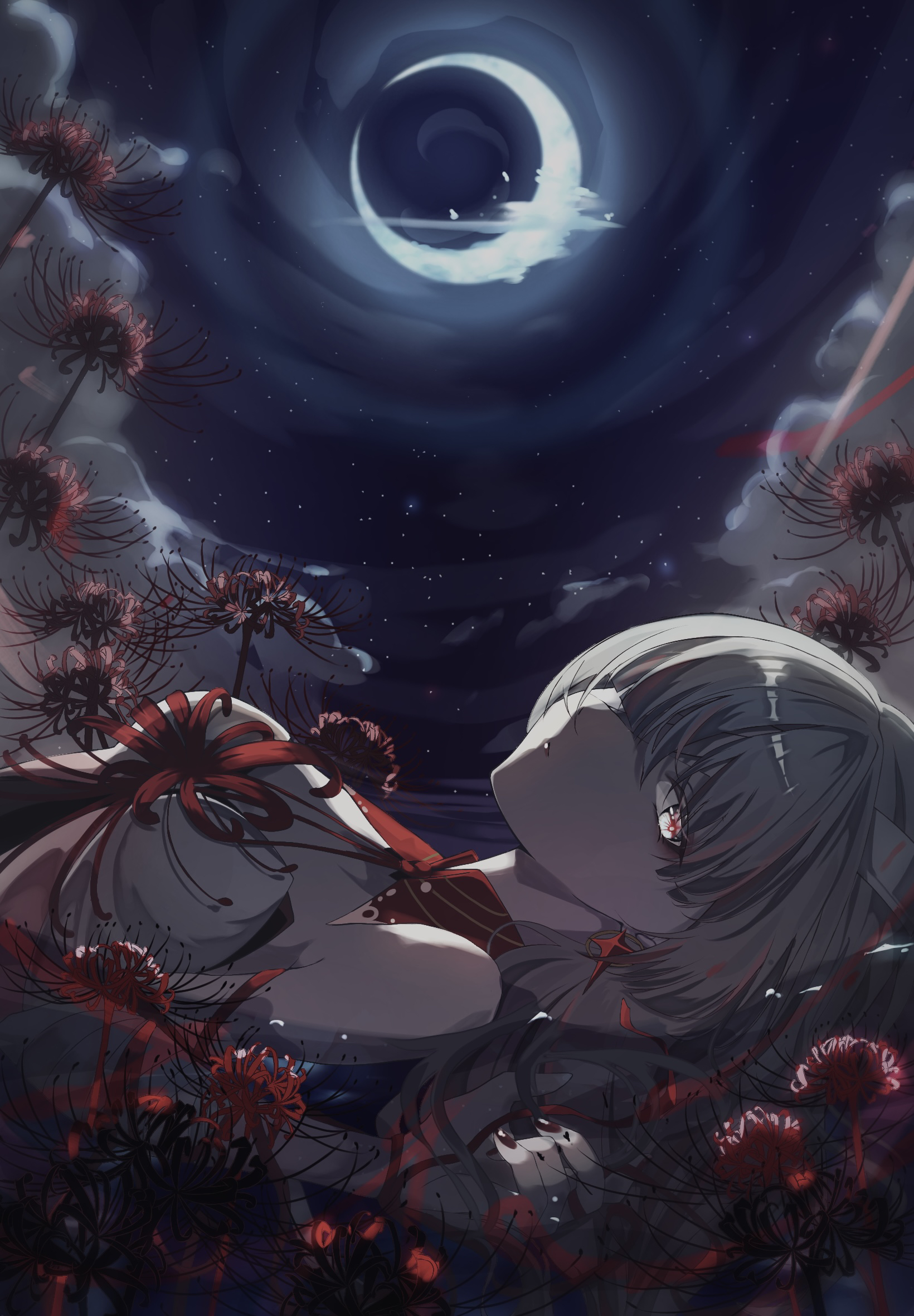 phrolova (wuthering waves), wuthering waves, commentary request, highres, partial commentary, 1girl, bandage over one eye, bare shoulders, breasts, collar, crescent, flower, ga (espj7837), grey eyes, grey hair, long hair, looking at viewer, lying, medium breasts, moon, nail polish, on back, outdoors, parted lips, red collar, red nails, red pupils, solo, spider lily