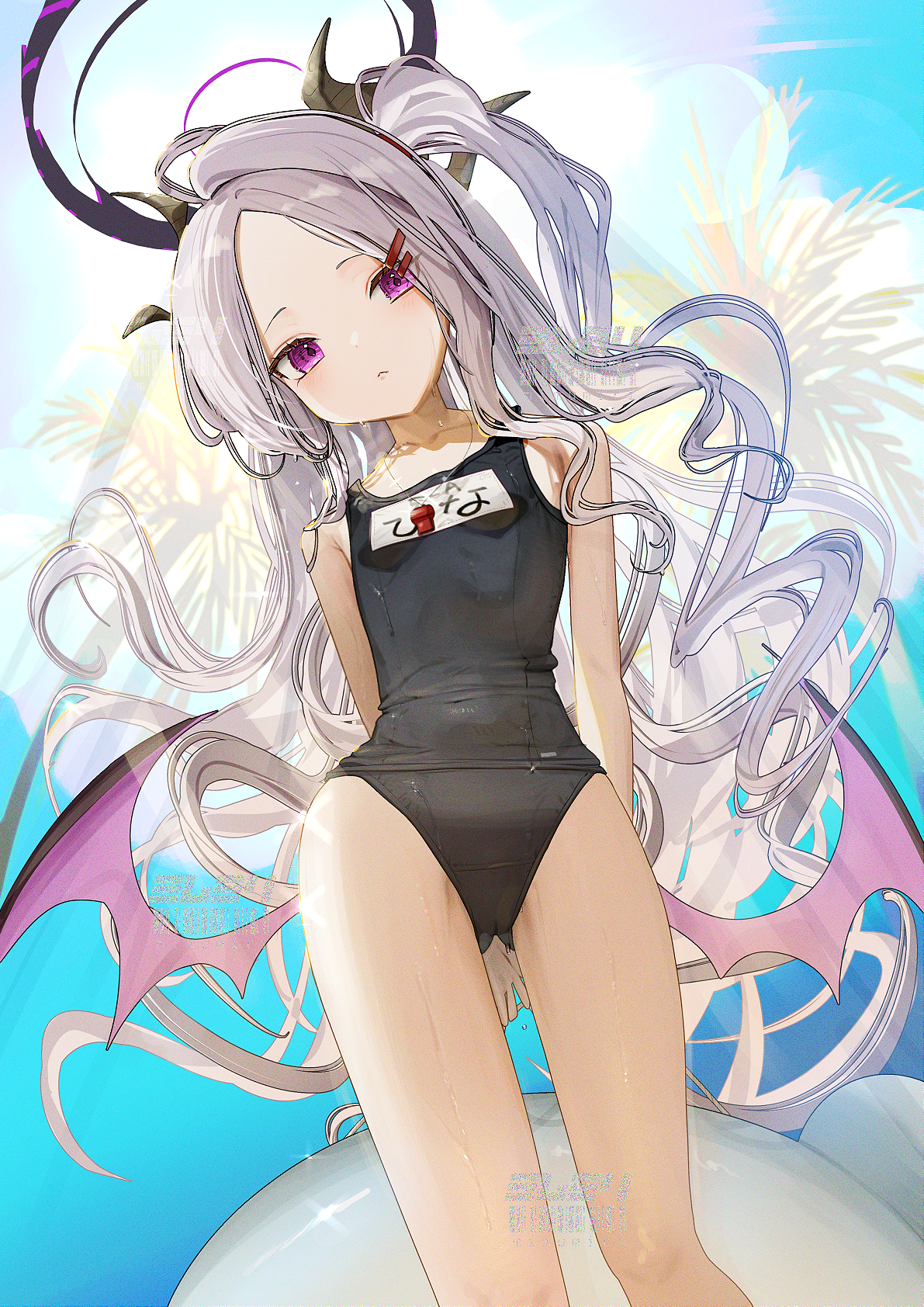 oomabiblogo2, hina (blue archive), blue archive, highres, 1girl, ahoge, black halo, breasts, day, demon girl, demon horns, demon wings, halo, horns, long hair, looking at viewer, old school swimsuit, outdoors, purple eyes, school swimsuit, small breasts, solo, swimsuit, very long hair, white hair, wings