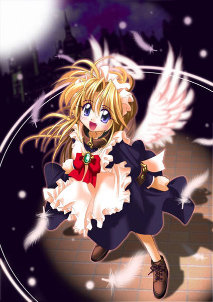 angel, blonde hair, blue eyes, halo, long hair, wings