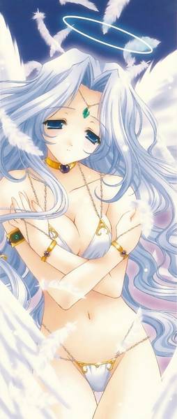angel, bikini, blue eyes, blue hair, halo, long hair, swimsuit, wings