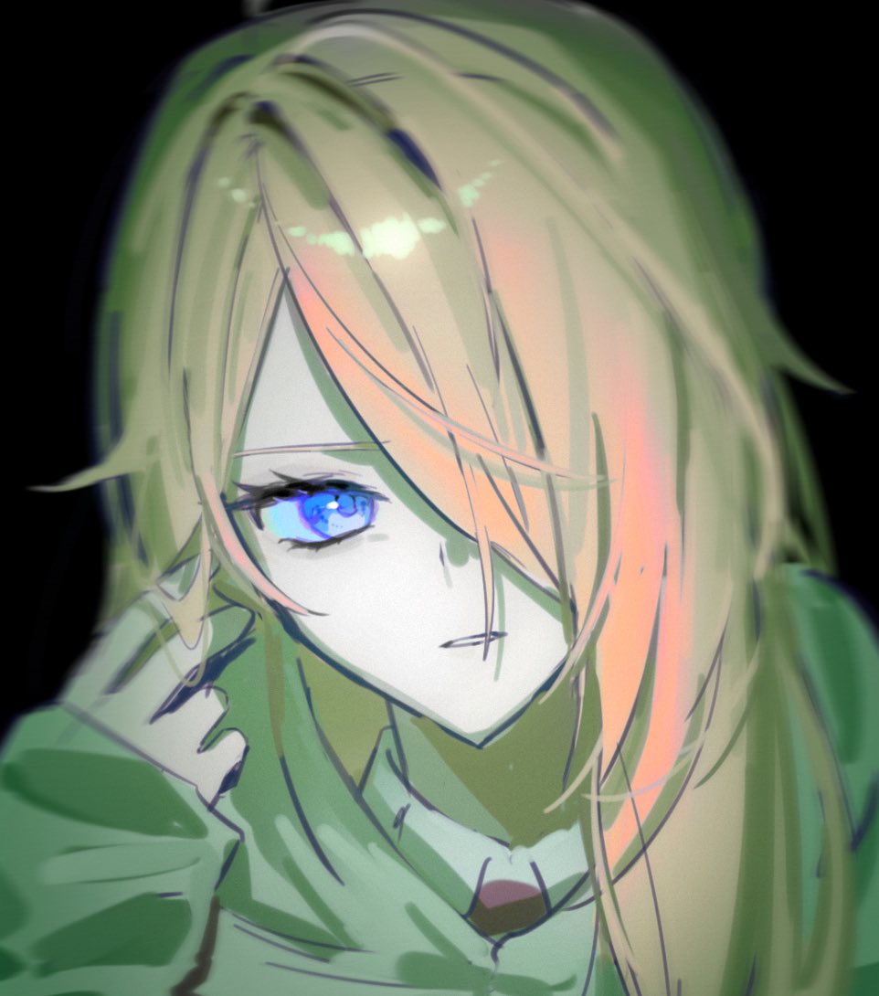 zombie high school, korean commentary, 1girl, black background, blonde hair, blue eyes, go na-rae, green hoodie, green jacket, hair over one eye, hood, hoodie, jacket, long hair, long sleeves, looking at viewer, nenenen 112, parted lips, simple background, solo