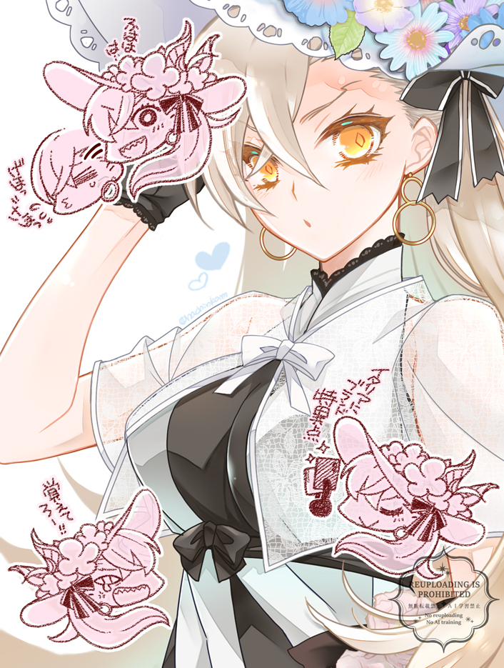 hachinkom, olga marie animusphere, u-olga marie, u-olga marie (first ascension), fate/grand order, fate (series), 1girl, :d, ;>, = =, black bow, black gloves, black overskirt, black ribbon, bow, breasts, card, chibi, chibi inset, collared shrug, crying, crying with eyes open, curled horns, dress, earrings, flower, frilled shrug, gloves, hair between eyes, hair ribbon, hand on headwear, hat, hat flower, holding, holding card, hoop earrings, horns, jewelry, large breasts, large hat, long hair, looking at viewer, multiple expressions, multiple views, o3o, open mouth, orange eyes, parted lips, playing card, ribbon, see-through shrug, sharp teeth, shrug (clothing), simple background, smile, sun hat, tears, teeth, two-tone dress, very long hair, white background, white dress, white hair, white hat, wide brim