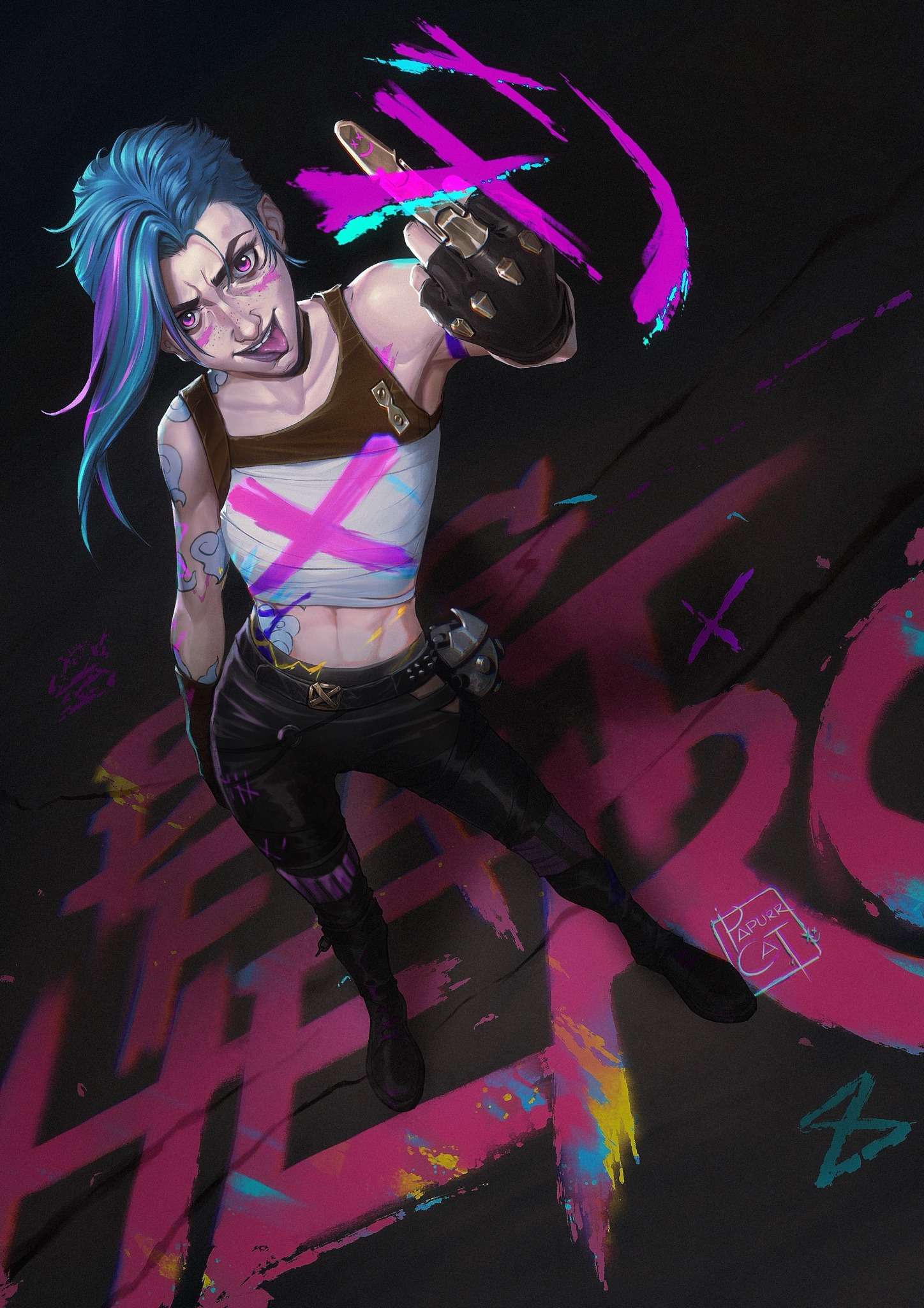 papurrcat, jinx (league of legends), league of legends, highres, 1girl, arm tattoo, artist name, black pants, black shoes, blue hair, brown gloves, fingerless gloves, gloves, graffiti, long hair, looking at viewer, middle finger, midriff, pants, pink eyes, shoes, solo, tattoo, tongue, tongue out