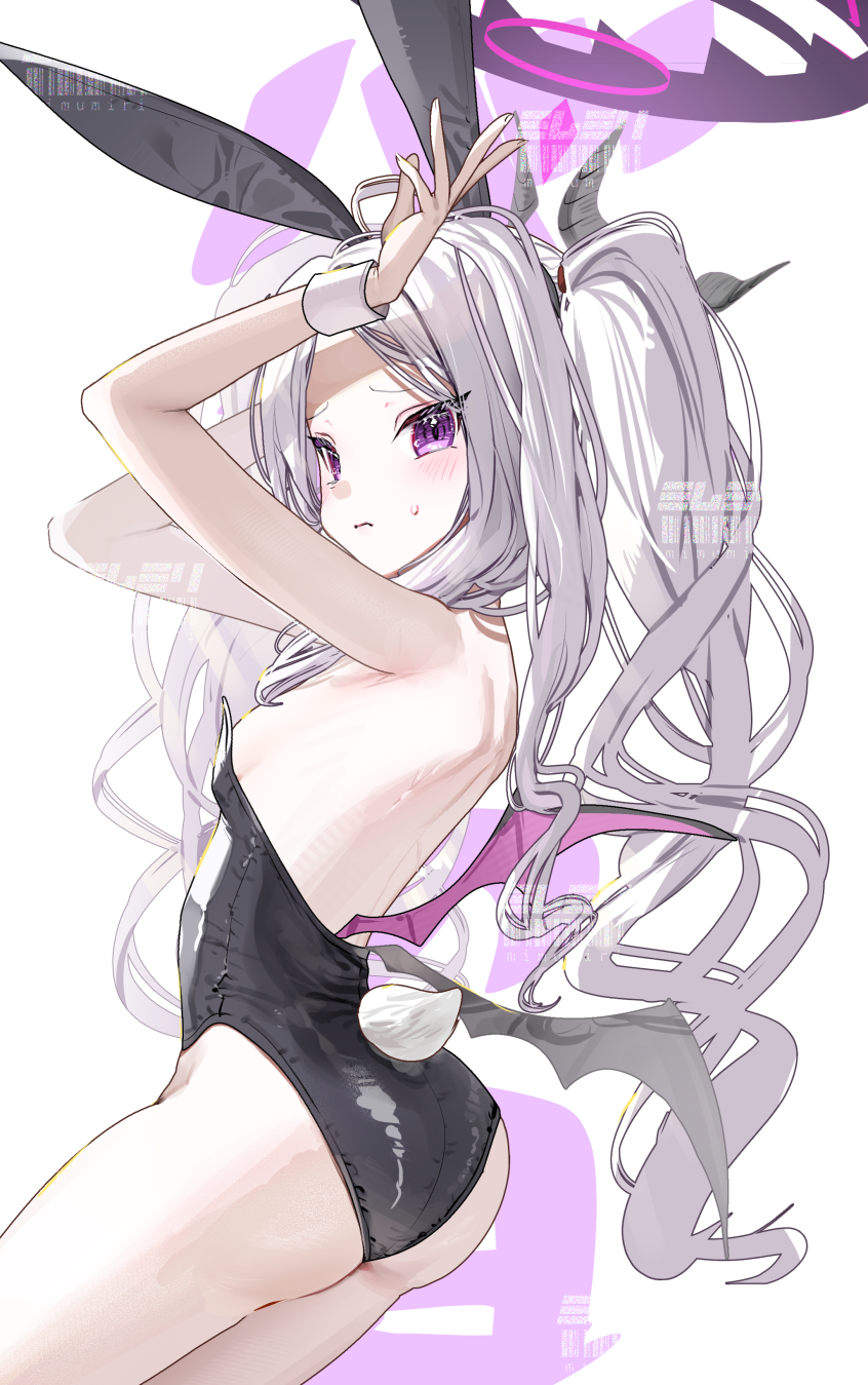 oomabiblogo2, hina (blue archive), blue archive, highres, 1girl, ahoge, alternate costume, animal ears, ass, back, black halo, breasts, demon girl, demon horns, demon wings, halo, horns, leotard, long hair, looking at viewer, playboy bunny, purple eyes, rabbit ears, rabbit tail, small breasts, solo, tail, white hair, wings