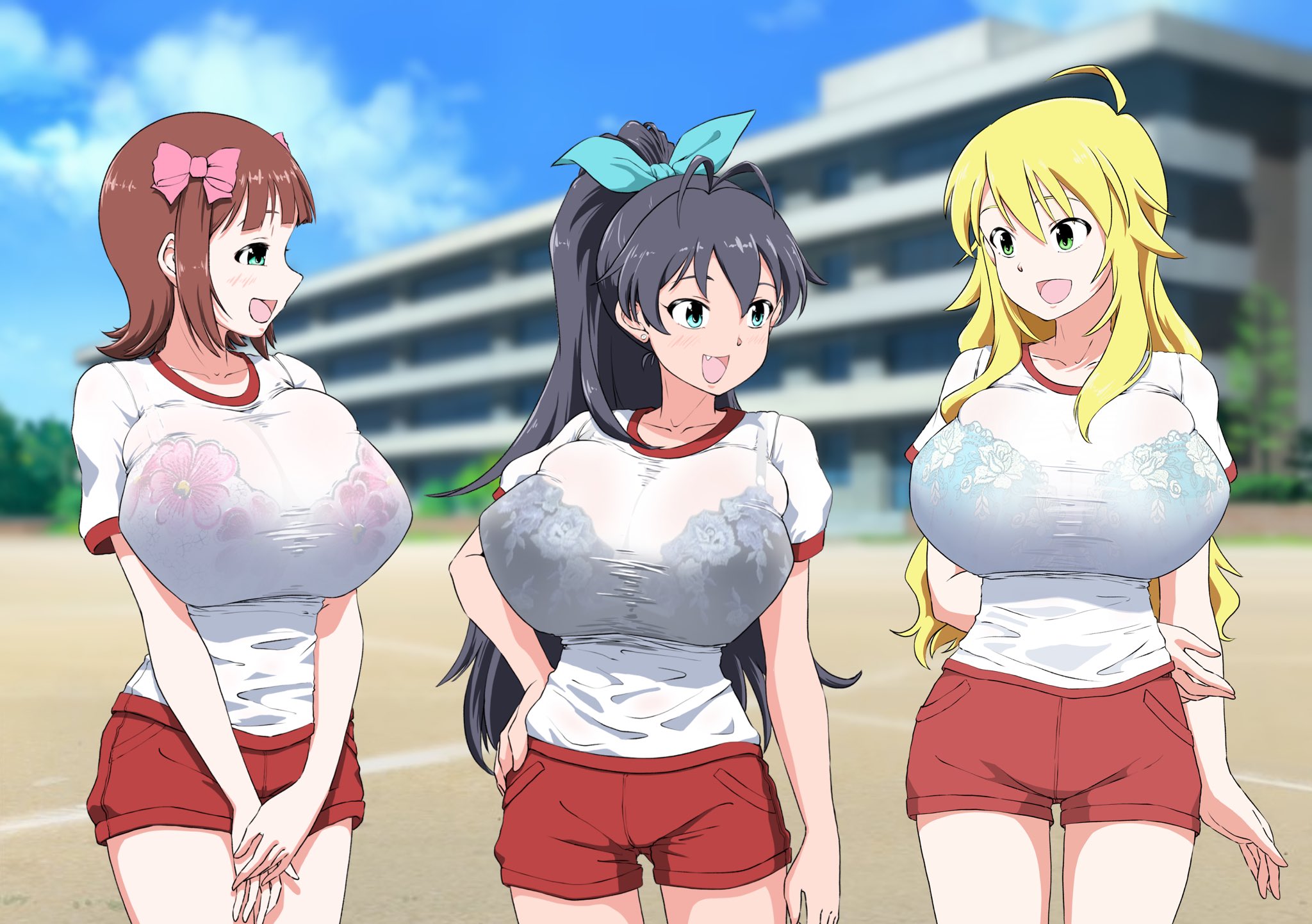 the end of chun, amami haruka, ganaha hibiki, hoshii miki, idolmaster, idolmaster (classic), highres, 3girls, ahoge, alternate breast size (larger), antenna hair, arm behind back, black hair, blonde hair, blurry, blurry background, bow, bra visible through clothes, breasts, brown hair, cowboy shot, day, fang, hair bow, huge breasts, long hair, looking at another, multiple girls, multiple hair bows, open mouth, outdoors, pink bow, ponytail, red shorts, shirt, short hair, short sleeves, shorts, skindentation, smile, standing, undersized breast cup, white shirt