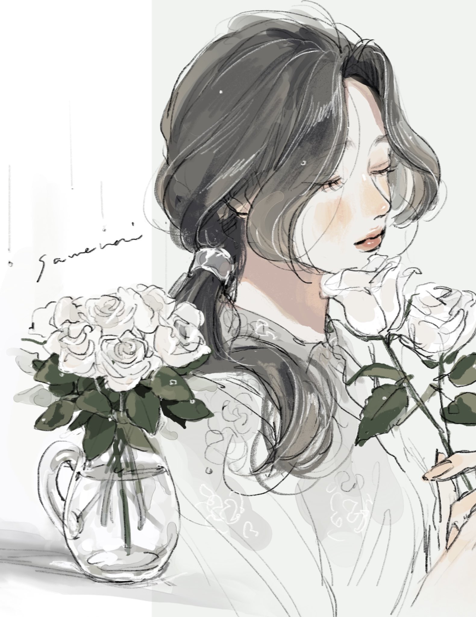 samenai ymkr, original, highres, 1girl, 2025, black hair, closed eyes, closed mouth, dress, flower, holding, holding flower, rose, signature, smelling, smelling flower, solo, white dress, white flower, white rose