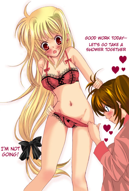 hina sasaki, fate testarossa, takamachi nanoha, lyrical nanoha, mahou shoujo lyrical nanoha, mahou shoujo lyrical nanoha strikers, hard-translated, non-web source, third-party edit, 00s, 2girls, blonde hair, blush, bow, bra, english text, hair bow, heart, lingerie, long hair, low-tied long hair, multiple girls, pajamas, panties, panty pull, underwear, underwear only