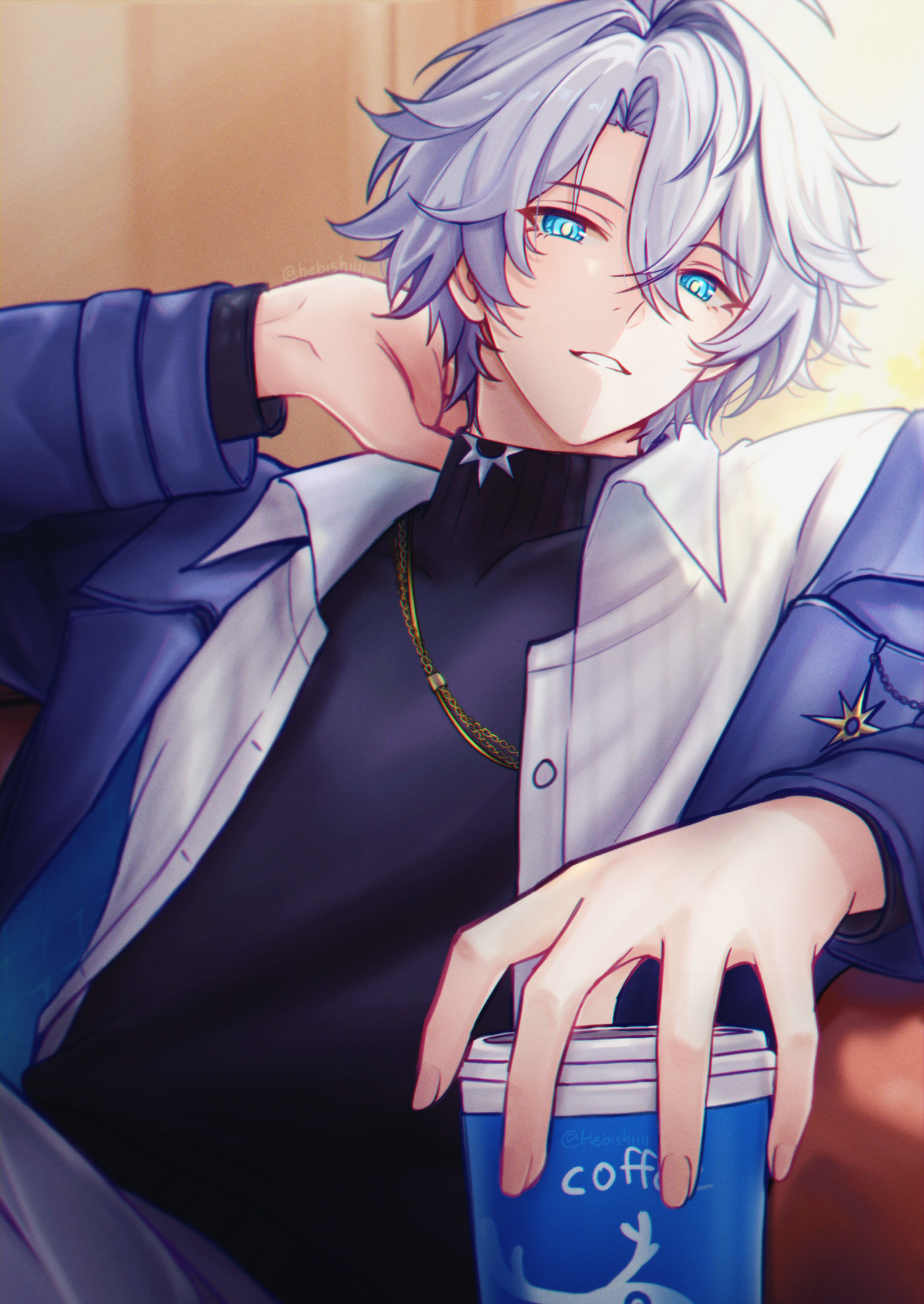 nanananahoshi (artist), phainon (honkai: star rail), honkai: star rail, honkai (series), commentary, english commentary, highres, 1boy, arm up, black sweater, blue coat, blue eyes, coat, cup, disposable coffee cup, disposable cup, grey hair, hair between eyes, holding, holding cup, indoors, looking at viewer, male focus, official alternate costume, open clothes, open coat, open shirt, parted lips, phainon (luckin coffee) (honkai: star rail), shirt, short hair, sitting, smile, sweater, turtleneck, turtleneck sweater, upper body, white shirt