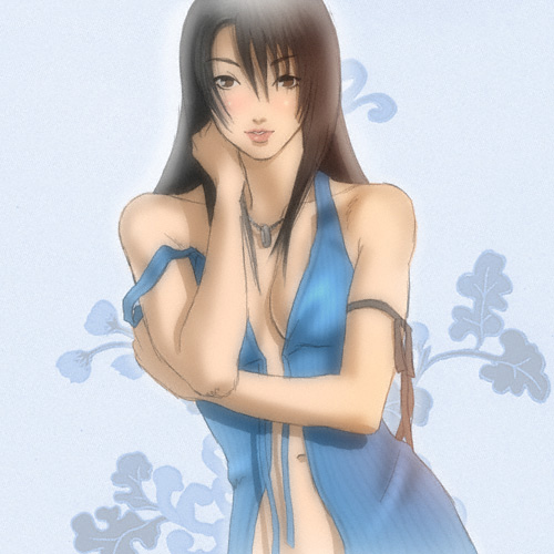 rinoa heartilly, final fantasy, final fantasy viii, lowres, 1990s (style), 1girl, asymmetrical bangs, bare arms, bare shoulders, blue background, breasts, brown ribbon, cleavage, collarbone, female focus, jewelry, lips, long hair, looking at viewer, medium breasts, navel, necklace, open clothes, pink lips, retro artstyle, ribbon, seductive smile, simple background, smile, solo, stomach, strap slip