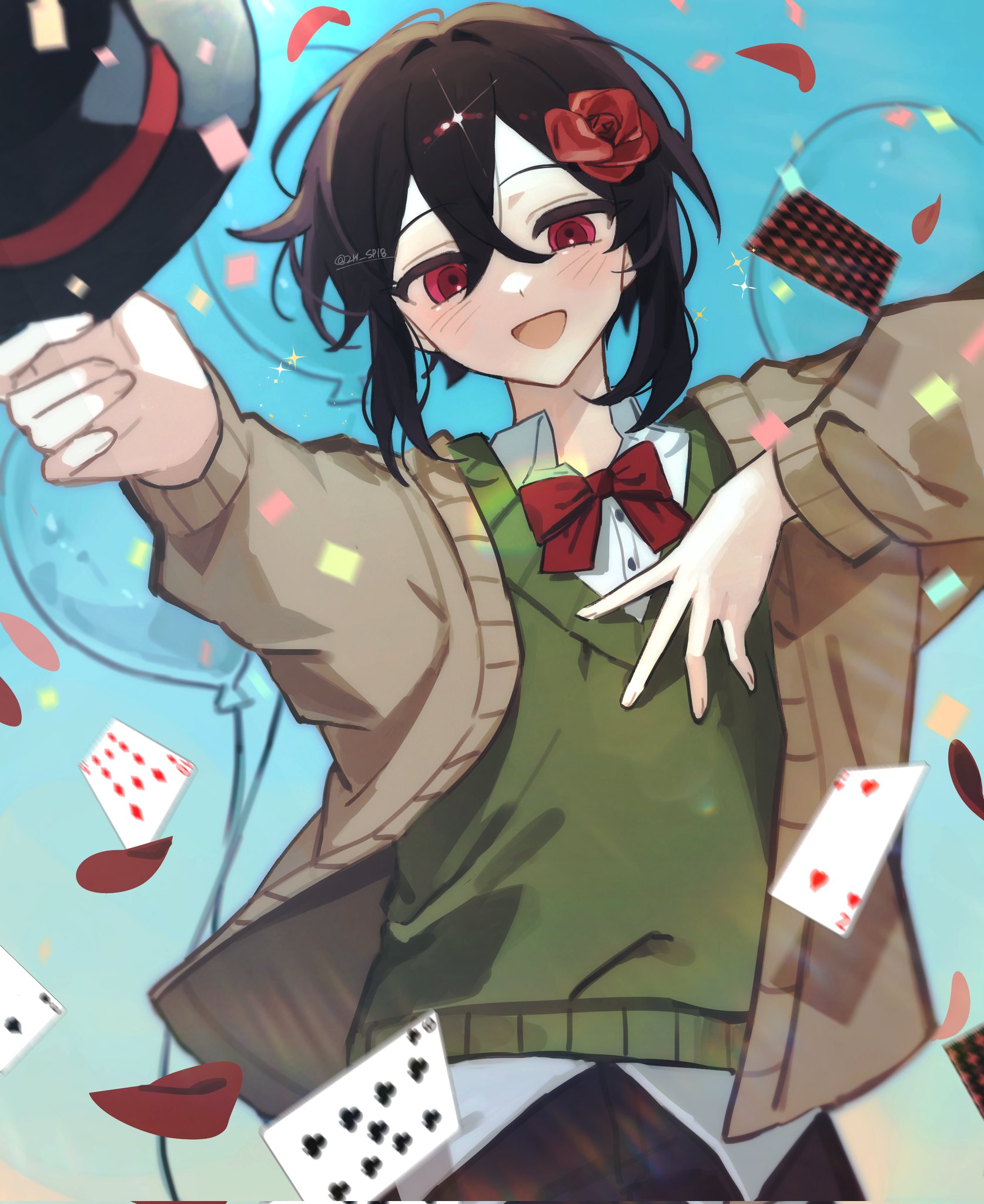 zombie high school, highres, korean commentary, 1boy, balloon, black hair, blush, bow, bowtie, brown cardigan, card, cardigan, collared shirt, confetti, flower, hair between eyes, hair flower, hair ornament, hand on own chest, hat, holding, kevin (zombie high school), long sleeves, looking at viewer, male focus, open mouth, pants, petals, playing card, red bow, red bowtie, red eyes, red flower, red rose, rose, shirt, short hair, smile, solo, sweater, sweater vest, top hat, twitter username, unworn hat, unworn headwear, vest, white shirt, zh sp18
