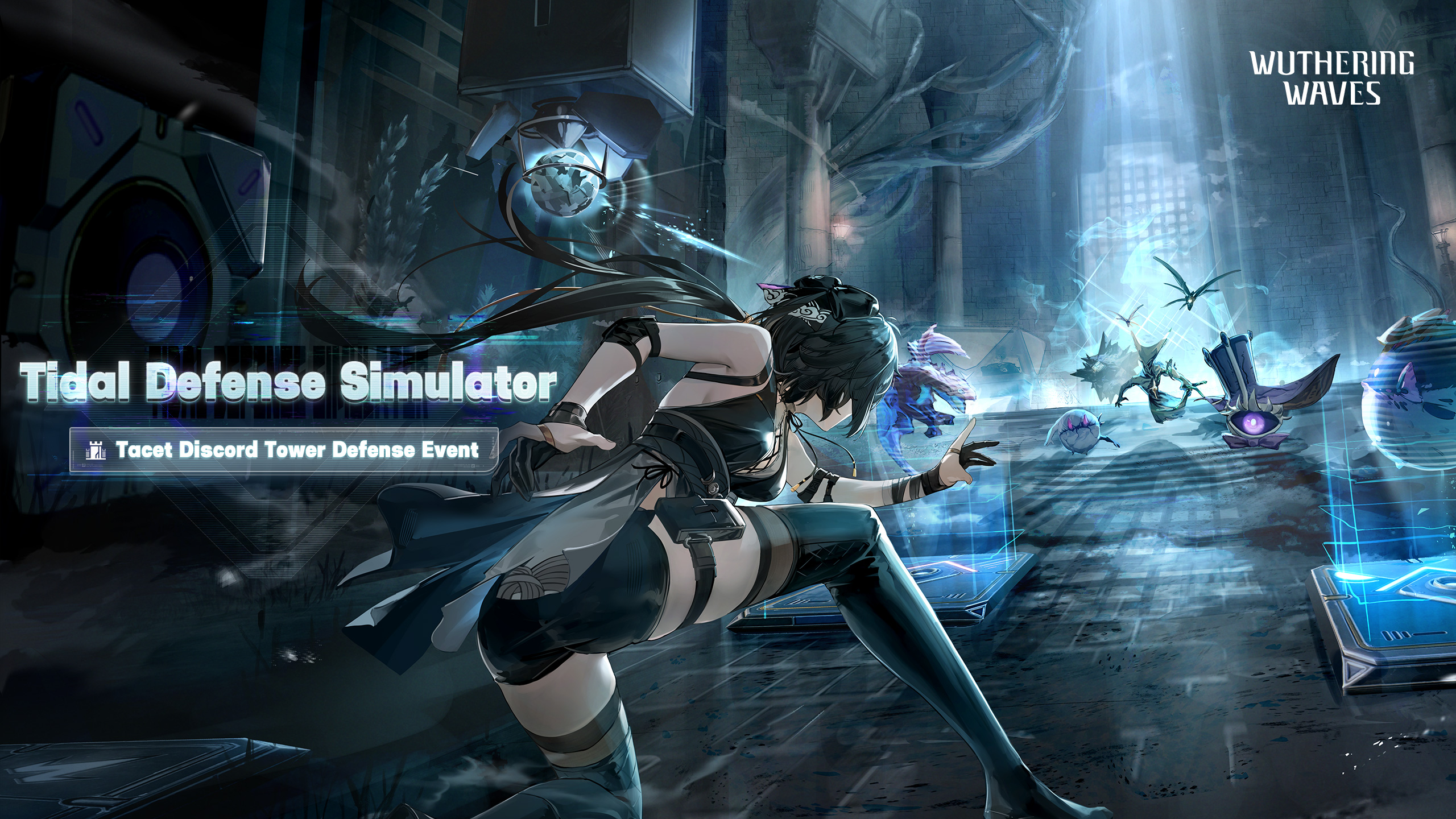 female rover (wuthering waves), rover (wuthering waves), wuthering waves, commentary, english commentary, highres, official art, 1girl, ass, back, bare shoulders, black gloves, black hair, bow, breasts, copyright name, english text, fighting stance, from behind, gloves, hair bow, hair ornament, hair ribbon, jewelry, long hair, ribbon, shorts, tacet discord (wuthering waves), thigh strap, thighhighs, thighs