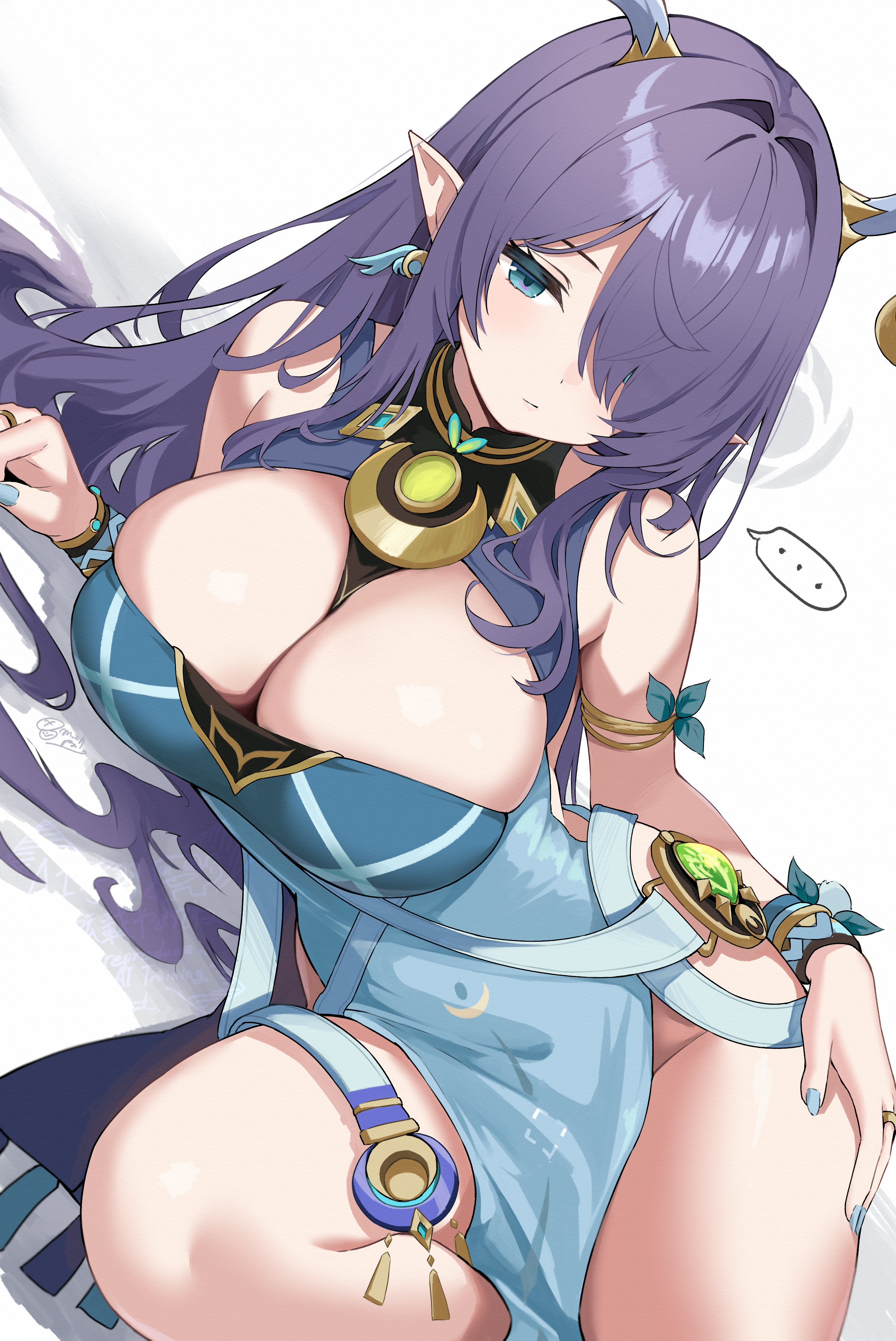 mushpz, lauma (genshin impact), genshin impact, absurdres, commentary request, highres, …, 1girl, bare shoulders, blue dress, blue eyes, breasts, cleavage, closed mouth, dress, earrings, expressionless, hair over one eye, hand on own hip, horns, jewelry, large breasts, long hair, looking at viewer, lying, nail polish, no panties, on side, pelvic curtain, pointy ears, purple hair, reclining, skindentation, sleeveless, sleeveless dress, solo, spoken ellipsis, thighs, very long hair, vision (genshin impact)