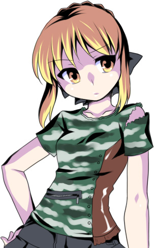 manjiduka, artoria pendragon (fate), saber (fate), fate/stay night, fate (series), lowres, 00s, alternate costume, blonde hair, camouflage, short hair, solo, torn clothes, yellow eyes