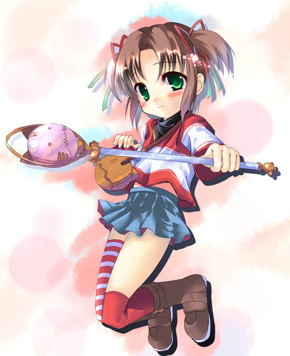sho (runatic moon), amatsuka yuuna, baby princess, 10s, 1girl, blue skirt, blush, boots, brown boots, brown hair, female focus, green eyes, holding, holding weapon, jumping, knee boots, looking at viewer, miniskirt, over-kneehighs, pleated skirt, short hair, single thighhigh, skirt, solo, staff, tareme, thighhighs, wand, weapon
