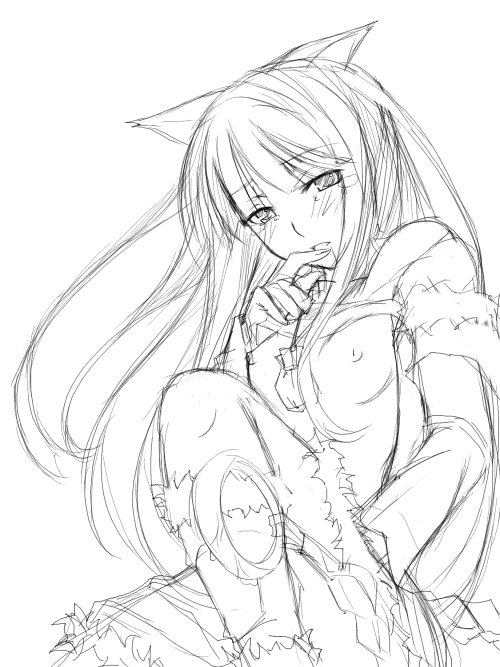 ribi, holo, spice and wolf, 00s, 1girl, animal ears, breasts, female focus, greyscale, monochrome, sketch, small breasts, solo, wolf ears