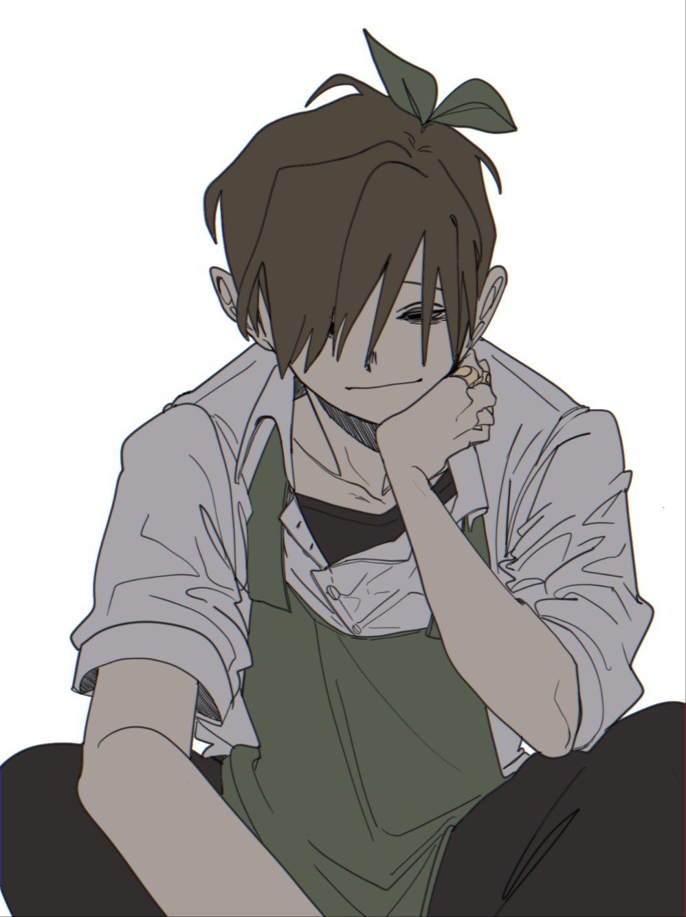 zombie high school, highres, 1boy, apron, bandaged hand, bandages, black pants, brown hair, closed mouth, collared shirt, gim geon-u, green apron, hair over one eye, jewelry, kimjhonsha22, male focus, pants, ring, shirt, short hair, simple background, sitting, sleeves rolled up, smile, solo, white background, white shirt