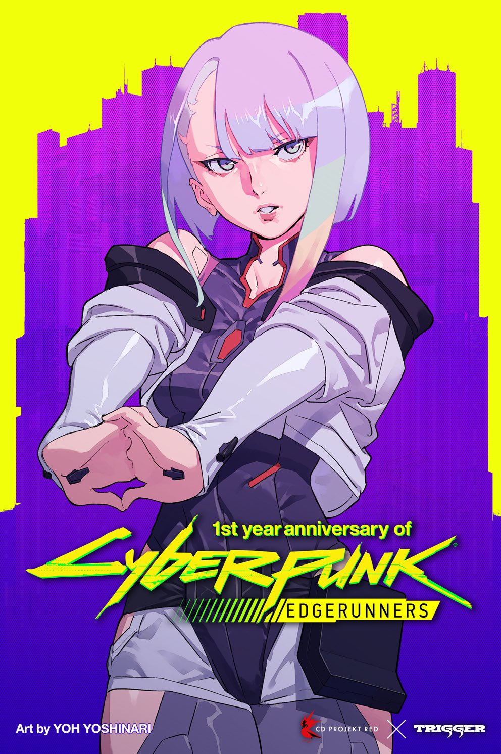 yoshinari you, lucy (cyberpunk), cyberpunk: edgerunners, cyberpunk (series), netflix, trigger (company), highres, 1girl, asymmetrical bangs, asymmetrical hair, belt, belt buckle, black belt, buckle, cyberpunk, jacket, shorts, teeth, turning head, white hair, white jacket, white shorts