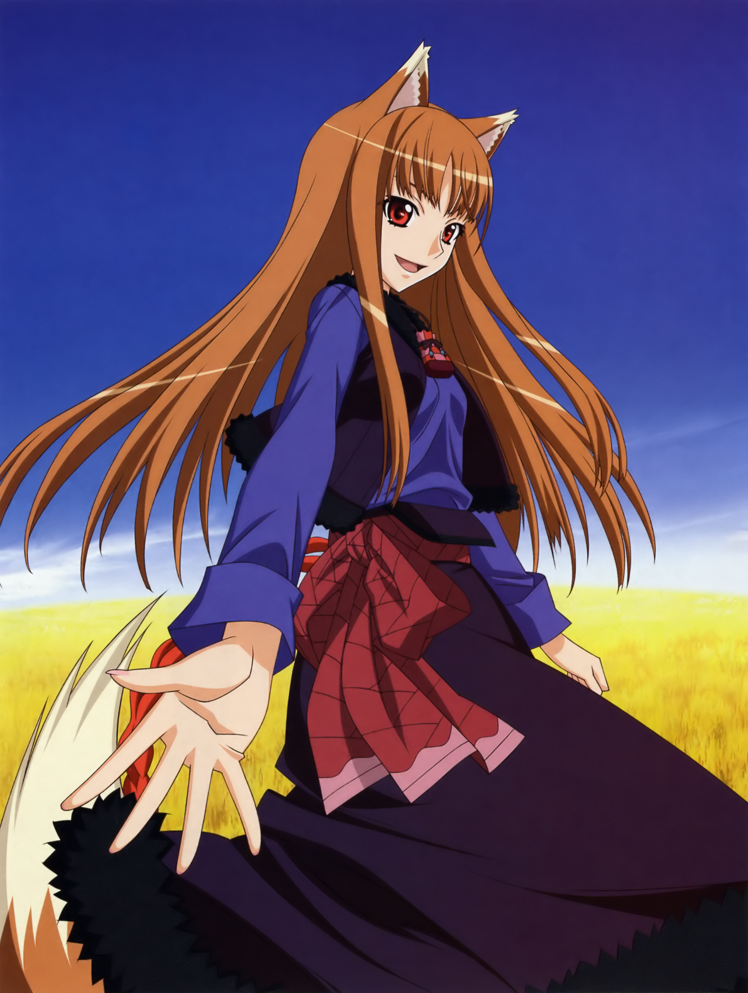kuroda kazuya, holo, spice and wolf, absurdres, highres, official art, scan, 00s, 1girl, animal ears, brown hair, dress, female focus, field, long hair, open mouth, outstretched hand, reaching, red eyes, smile, solo, tail, wolf ears, wolf tail