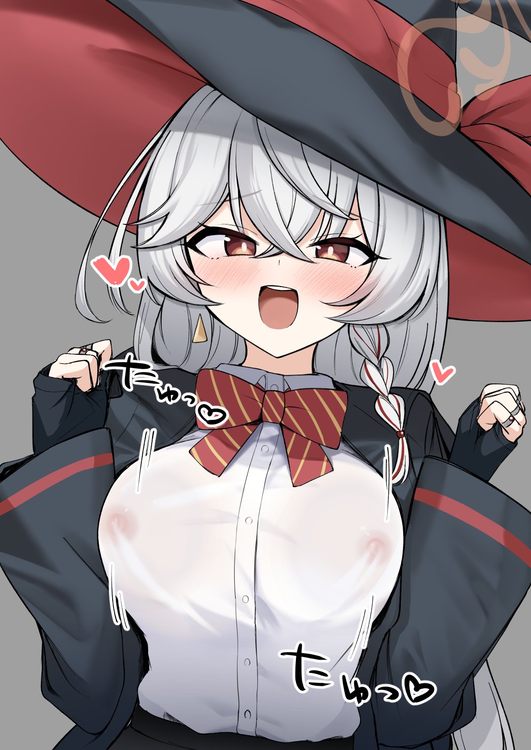 mitsumine raimu, eri (blue archive), blue archive, highres, 1girl, black skirt, blush, bouncing breasts, bow, bowtie, braid, breasts, halo, hat, heart, jacket, large breasts, long hair, long sleeves, looking at viewer, nipples, no bra, open mouth, red bow, red bowtie, see-through clothes, see-through shirt, shirt, simple background, skirt, smile, solo, white hair, white shirt, witch hat