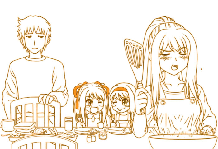 tofu juuji, kyon, suzumiya haruhi, suzumiya haruhi no yuuutsu, 00s, 1boy, 3girls, ;d, ;p, apron, blush, blush stickers, bread slice, chair, collarbone, cup, drinking glass, family, food, fork, frying pan, hairband, hand in pocket, if they mated, knife, long hair, looking at another, monochrome, multiple girls, one eye closed, open mouth, overalls, plate, ponytail, salad, salt shaker, simple background, sitting, smile, spatula, table, teeth, toast, tongue, tongue out, twintails, white background