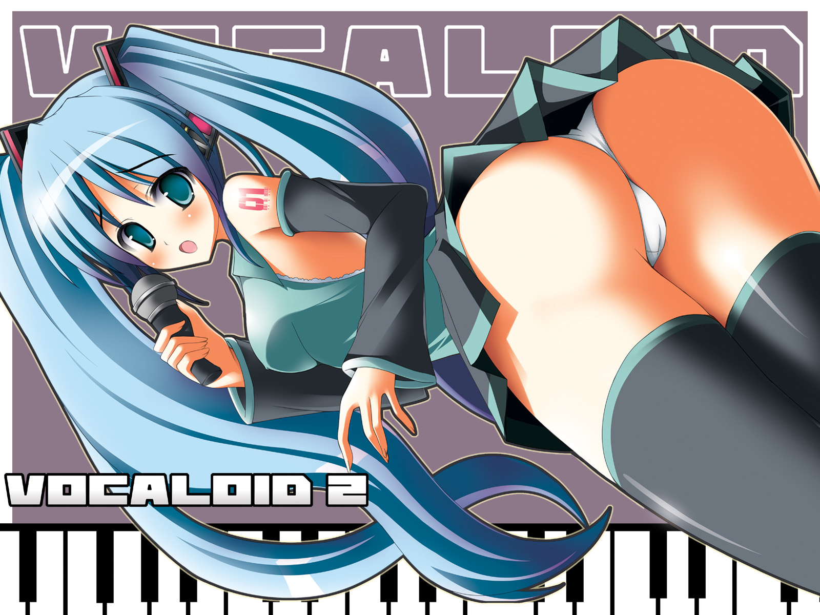 stem (roam), hatsune miku, vocaloid, highres, 1girl, ass, female focus, panties, solo, thighhighs, thong, twintails, underwear