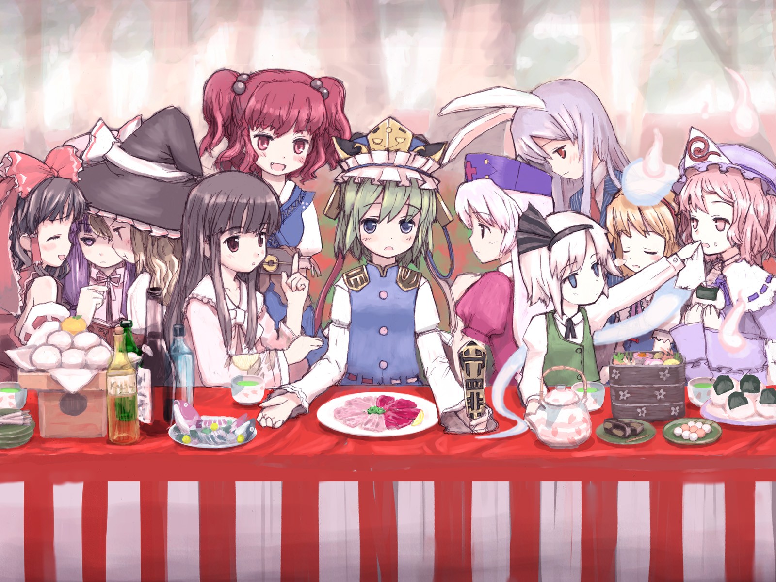 zakone, alice margatroid, hakurei reimu, houraisan kaguya, kirisame marisa, konpaku youmu, konpaku youmu (ghost), onozuka komachi, patchouli knowledge, reisen udongein inaba, saigyouji yuyuko, shiki eiki, yagokoro eirin, the last supper, touhou, highres, 6+girls, animal ears, blonde hair, bottle, dango, everyone, female focus, fine art parody, fish, food, long table, mochi, multiple girls, onigiri, parody, rabbit ears, rod of remorse, sake bottle, table, teapot, wagashi
