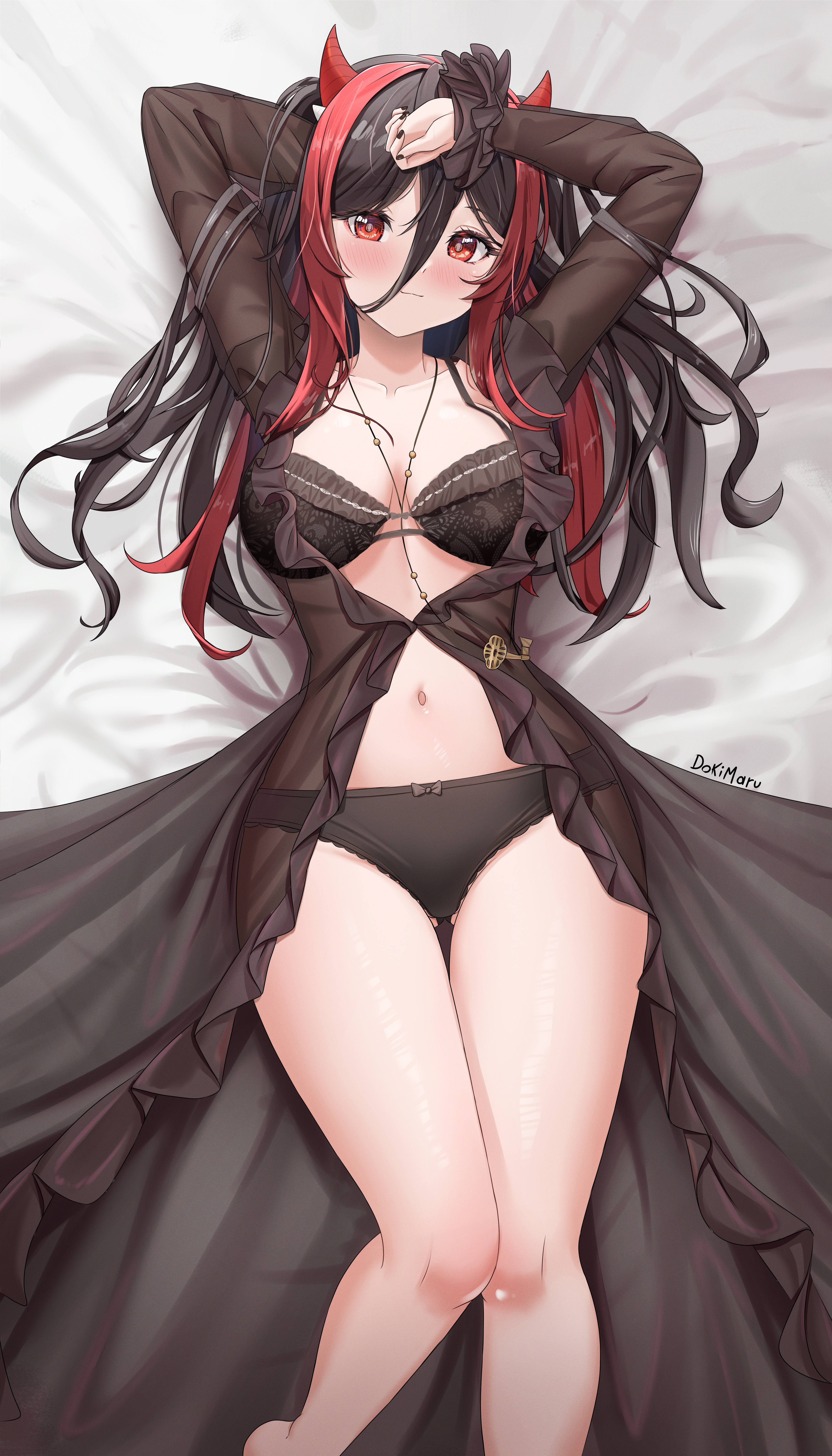 dokimaru, indie virtual youtuber, absurdres, character request, check copyright, clothing request, commentary, copyright request, english commentary, highres, 1girl, arm behind back, arm on own head, artist name, black bra, black hair, black nails, black panties, blush, bra, breasts, breasts apart, closed mouth, collarbone, dakimakura (medium), demon girl, demon horns, double-parted bangs, eyelashes, feet out of frame, gluteal fold, hair between eyes, horns, jewelry, key, key necklace, lace, lace bra, large breasts, light smile, lingerie, long hair, long sleeves, lying, multicolored hair, navel, necklace, on back, panties, red eyes, signature, solo, stomach, straight-on, thigh gap, two-tone hair, underwear, virtual youtuber