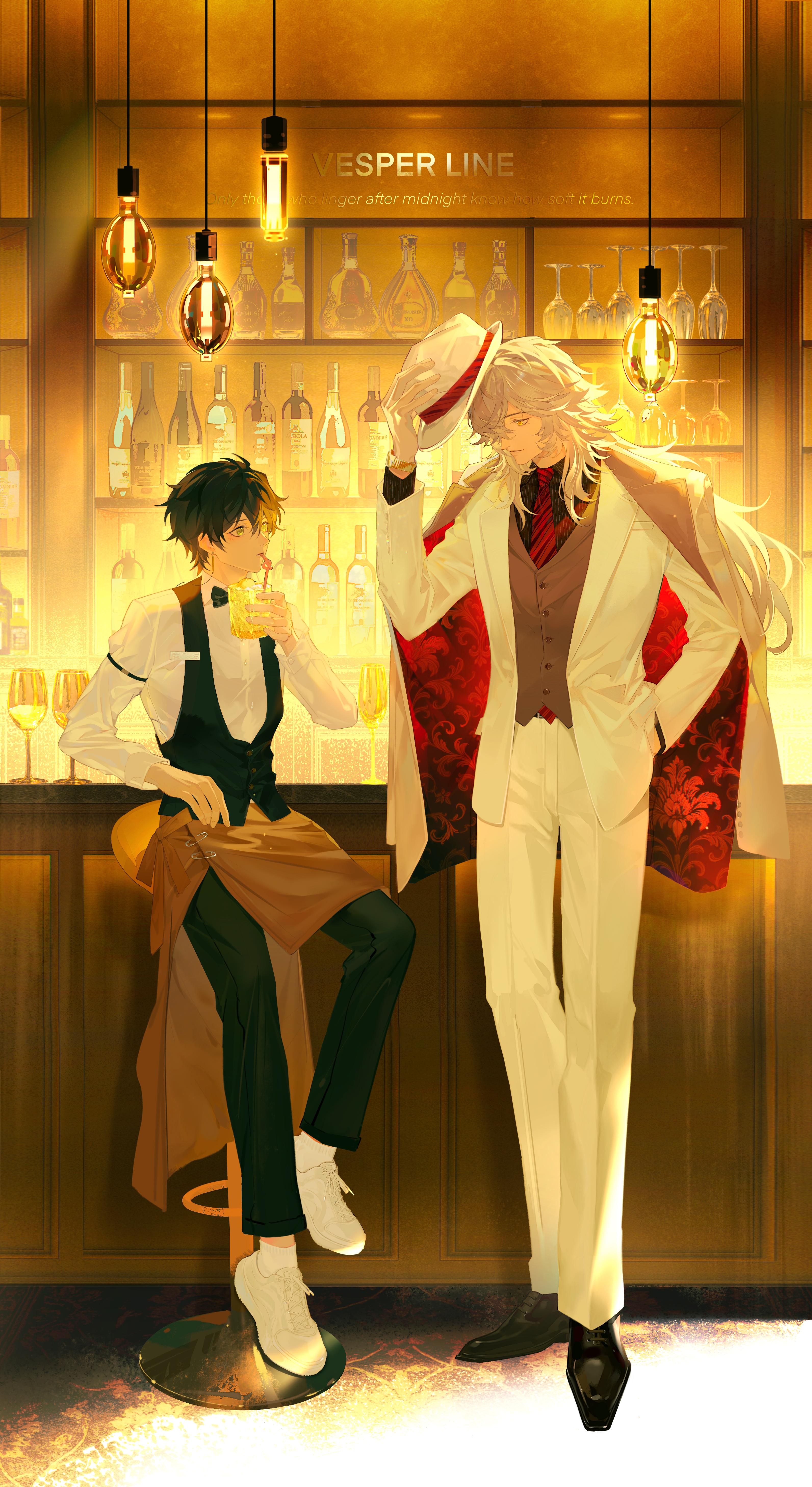 ayan477845, dan heng (honkai: star rail), jing yuan, honkai: star rail, honkai (series), absurdres, commentary request, highres, 2boys, alternate costume, apron, bar stool, black bow, black bowtie, black hair, black pants, black shirt, black shoes, bottle, bow, bowtie, coat, cup, drinking, drinking glass, english text, formal clothes, full body, green eyes, grey hair, grey vest, hanging light, hat, holding, holding cup, holding unworn clothes, holding unworn hat, jacket, long hair, long sleeves, looking at another, male focus, multiple boys, necktie, on stool, open clothes, open coat, pants, red necktie, shirt, shoes, short hair, sitting, sneakers, socks, standing, stool, suit, suit jacket, unworn hat, unworn headwear, very long hair, vest, waist apron, watch, white coat, white jacket, white pants, white shirt, white shoes, white socks, wine bottle, wine glass, wristwatch, yellow eyes