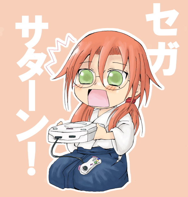 azuma satori, bamboo blade, sega, 00s, 1girl, female focus, game console, glasses, mole, mole under eye, saturn (planet), sega saturn, solo