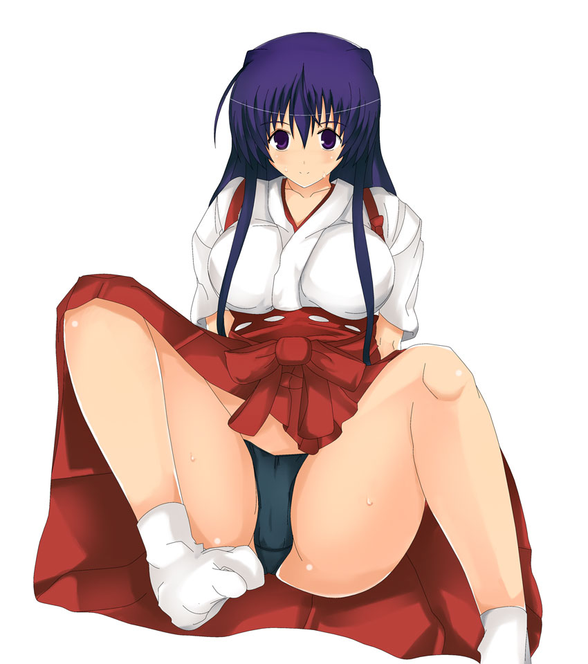 usugiri bacon, akabane kureha, night wizard, 00s, 1girl, black panties, breasts, female focus, hakama, hakama skirt, japanese clothes, large breasts, legs, miko, panties, red hakama, skirt, solo, spread legs, thighs, underwear