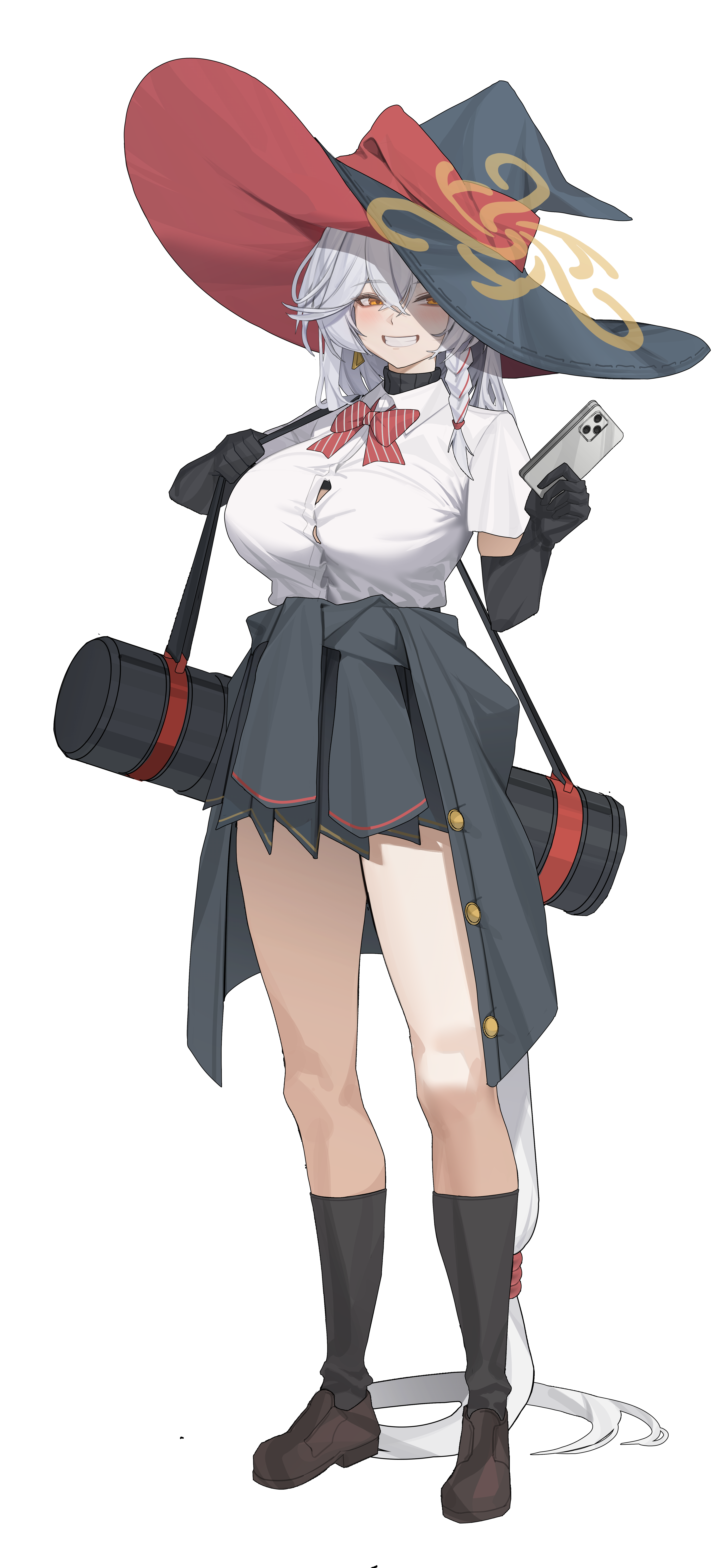 gong dol hong, eri (blue archive), blue archive, absurdres, highres, 1girl, bag, black bag, black gloves, black hat, black jacket, black skirt, black socks, blush, bow, braid, breasts, brown halo, brown shoes, cellphone, clothes around waist, crossed bangs, diagonal-striped bow, elbow gloves, gloves, grin, hair between eyes, halo, hat, holding, holding bag, holding phone, huge breasts, jacket, jacket around waist, kneehighs, long hair, looking at viewer, phone, pleated skirt, red bow, shirt, shoes, short sleeves, sidelocks, single braid, skirt, smartphone, smile, socks, solo, striped bow, white hair, white shirt, witch hat, yellow eyes