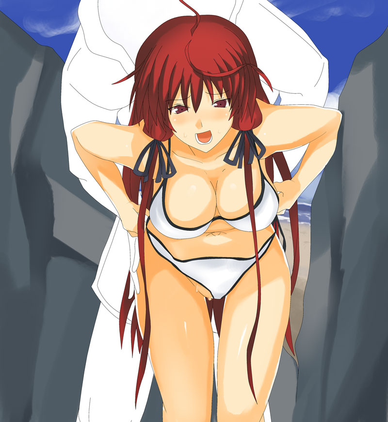 usugiri bacon, himuro akari, night wizard, 00s, 1boy, 1girl, beach, bikini, blue sky, breasts, day, large breasts, leaning forward, long hair, navel, open mouth, outdoors, red hair, sand, sky, solo focus, swimsuit, very long hair, water, white bikini