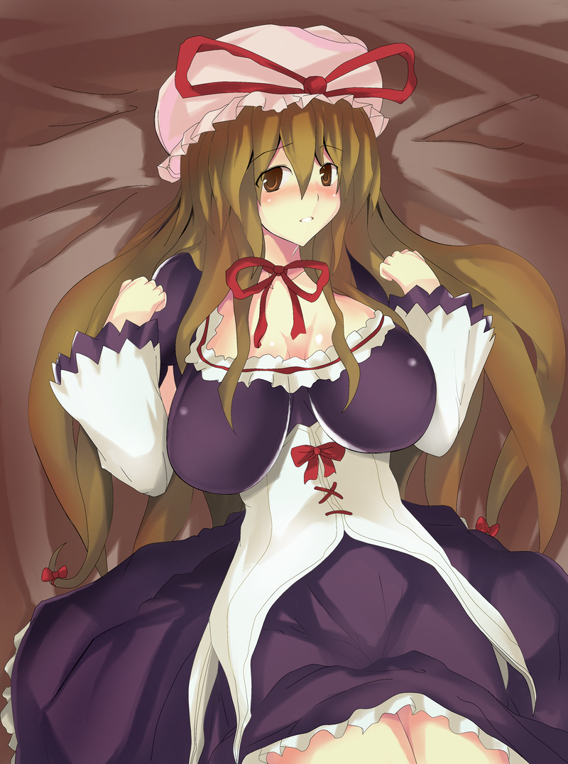 usugiri bacon, yakumo yukari, touhou, 1girl, bed, bow, breasts, brown eyes, brown hair, corset, female focus, hair bow, hat, huge breasts, impossible clothes, impossible shirt, long hair, shirt, solo