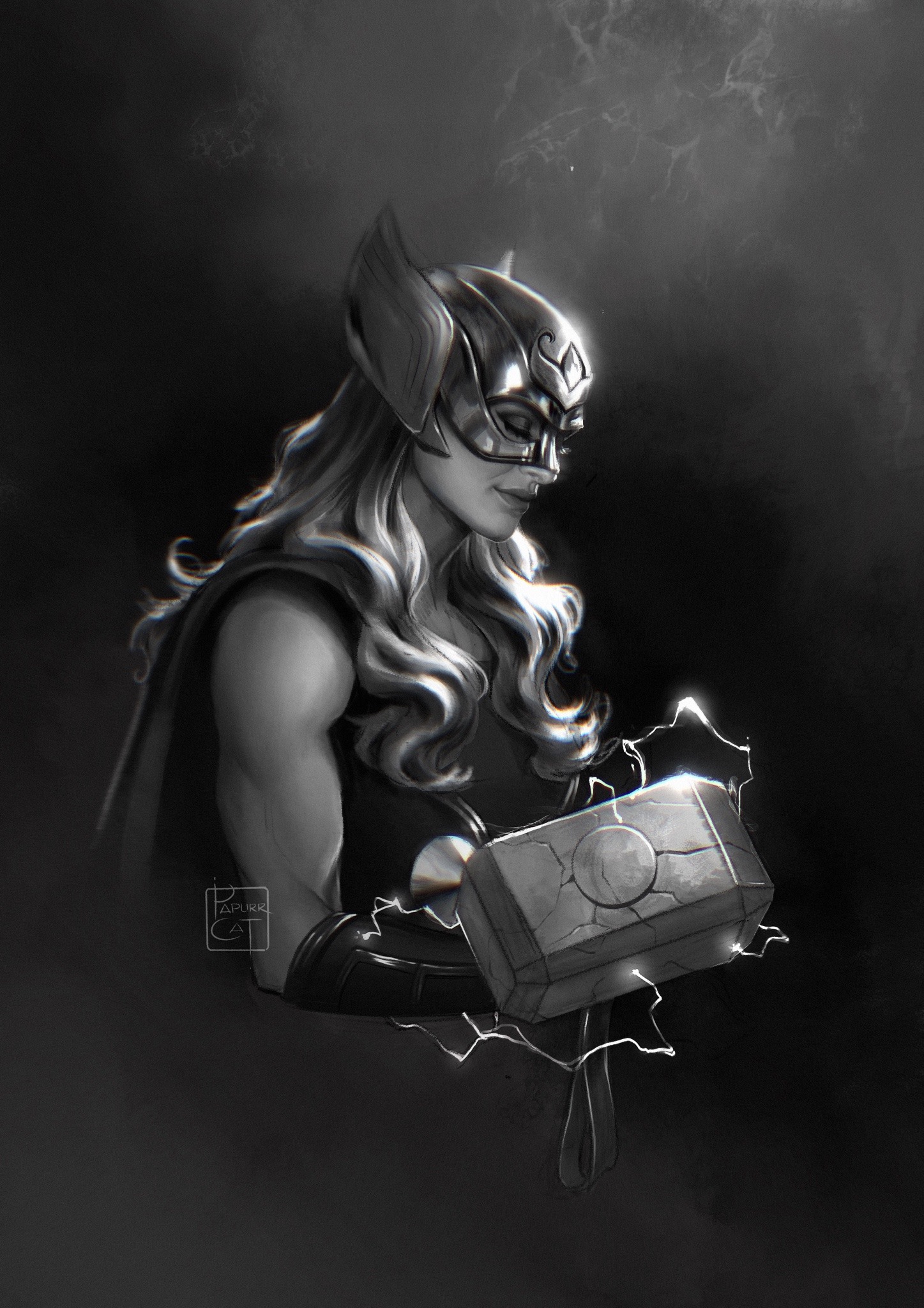 papurrcat, jane foster, marvel, marvel cinematic universe, thor: love and thunder, highres, 1girl, artist name, from side, greyscale, helmet, long hair, mjolnir (marvel), monochrome, solo, thor (jane foster), thor (marvel) (series), upper body
