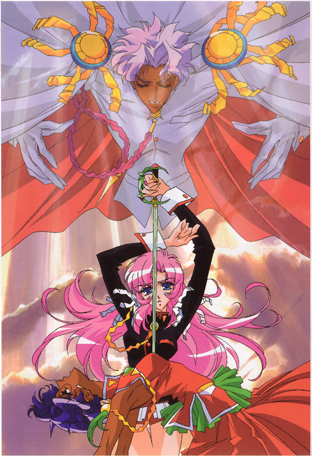 dios, himemiya anthy, tenjou utena, shoujo kakumei utena, 1990s (style), 1boy, 2girls, aiguillette, blue eyes, cape, closed eyes, dark skin, earrings, epaulettes, glasses, human scabbard, jewelry, long hair, multiple girls, pink hair, purple hair, retro artstyle, school uniform, serafuku, sword, weapon