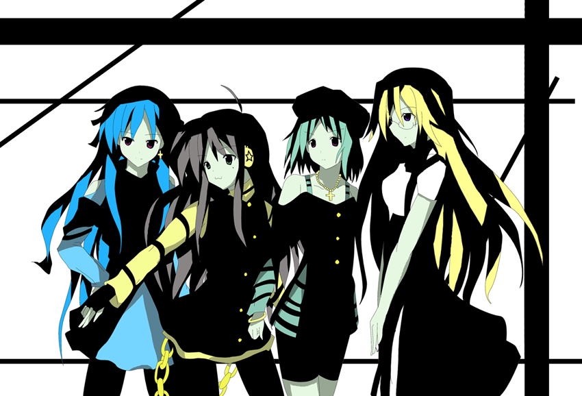 usugiri bacon, hiiragi kagami, hiiragi tsukasa, izumi konata, takara miyuki, lucky star, bad id, bad pixiv id, 00s, 4girls, glasses, high contrast, multiple girls, pantyhose, siblings, sisters, twins