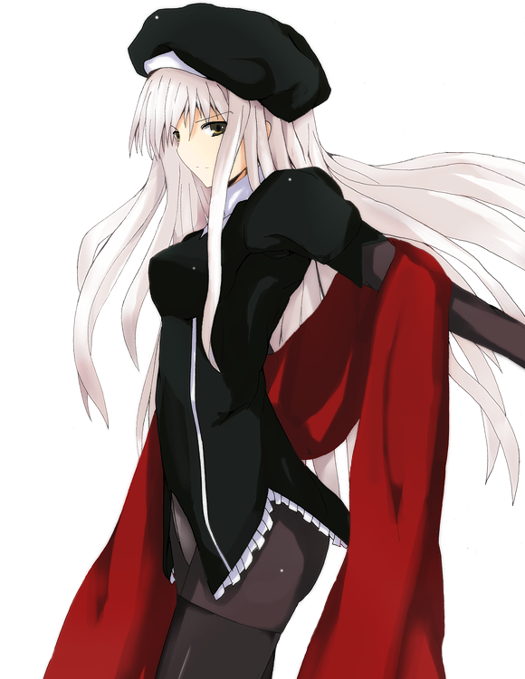 usugiri bacon, caren hortensia, fate/hollow ataraxia, fate/stay night, fate (series), silver hair, bad id, bad pixiv id, 00s, 1girl, black hat, black pantyhose, female focus, hat, layered sleeves, long hair, pantyhose, solo, white background, yellow eyes