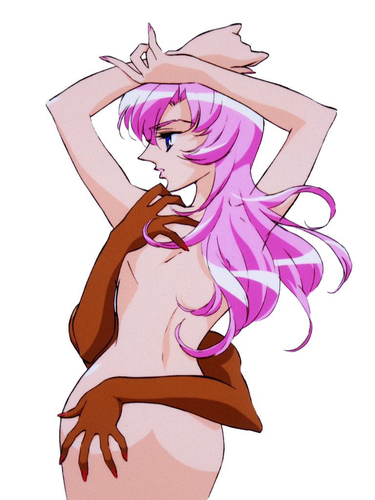 himemiya anthy, tenjou utena, shoujo kakumei utena, official art, scan, 1990s (style), 1girl, dark-skinned female, dark skin, long hair, nail polish, nude, pink hair, pink nails, retro artstyle, white background, yuri